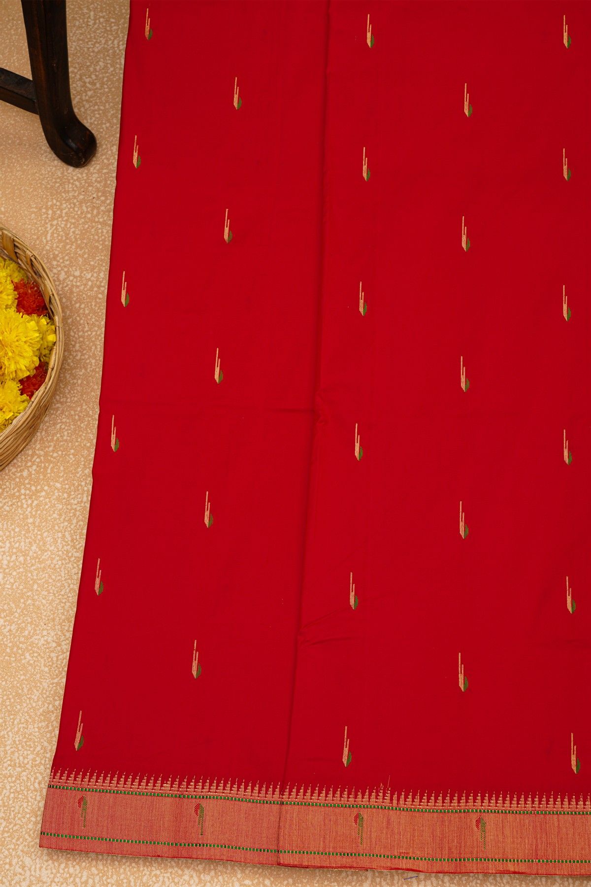 Paithani Silk Red Saree With Muniya Buttis Border
