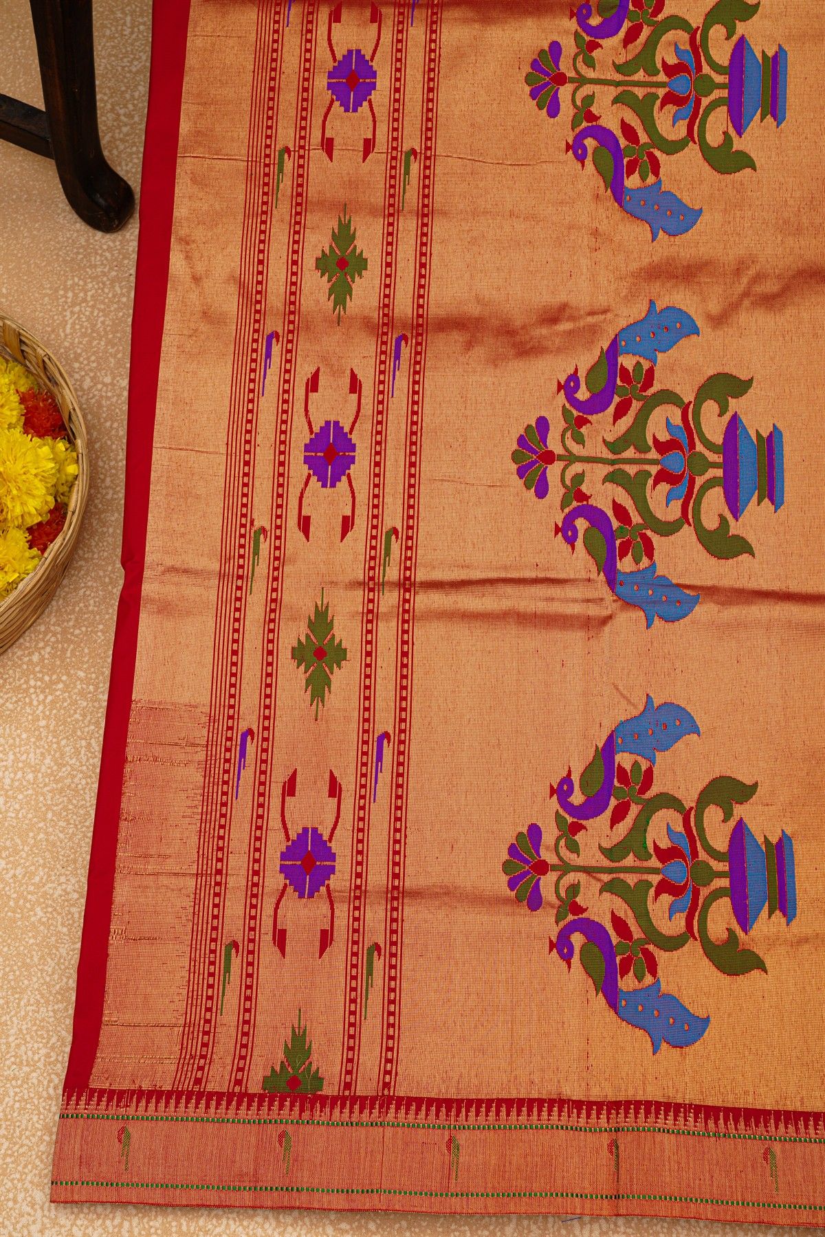 Paithani Silk Red Saree With Muniya Buttis Border