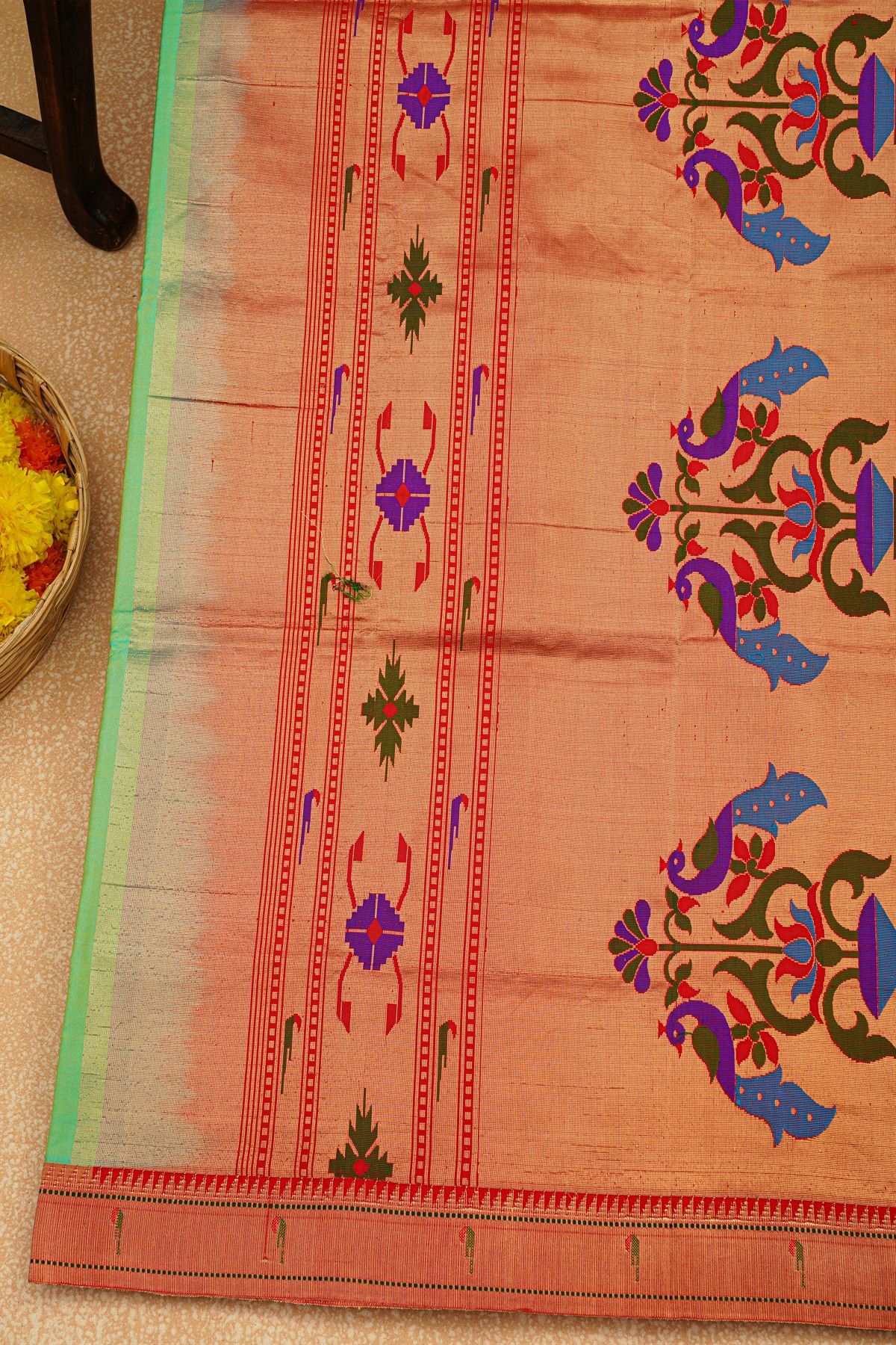 Paithani Silk Sea Green Saree With Muniya Buttis Border