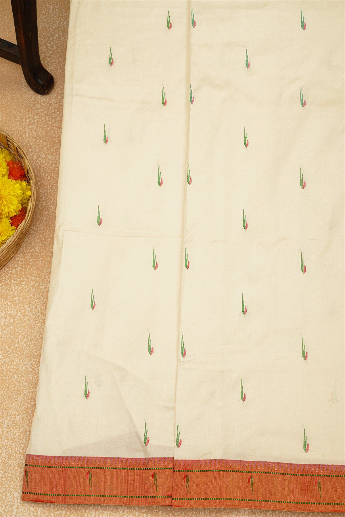 Paithani Silk Off White Saree With Muniya Buttis Border