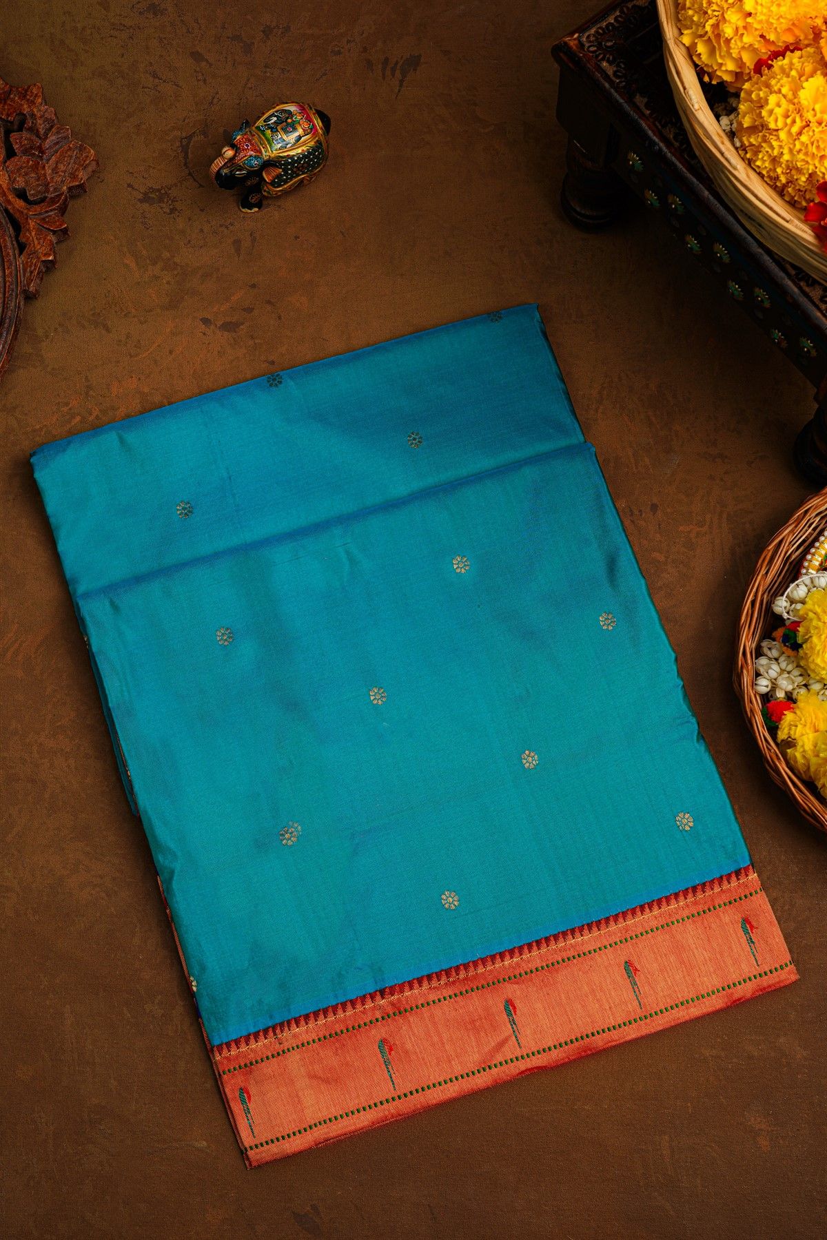 Paithani Silk Sea Blue Saree With Muniya Buttis Border