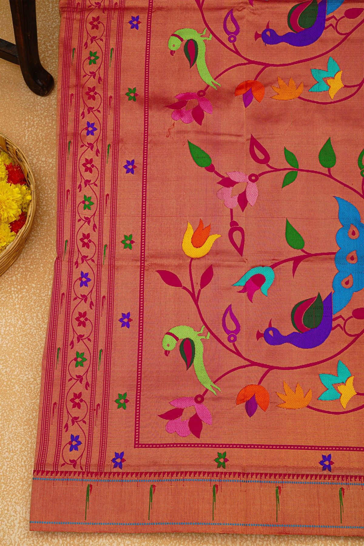 Paithani Silk Magenta Saree With Muniya Buttis Border