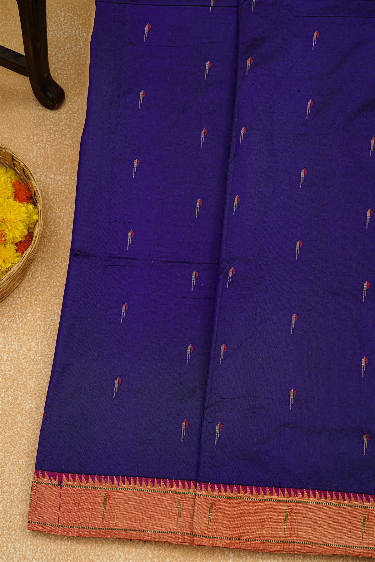 Paithani Silk Navy Blue Saree With Muniya Buttis Border