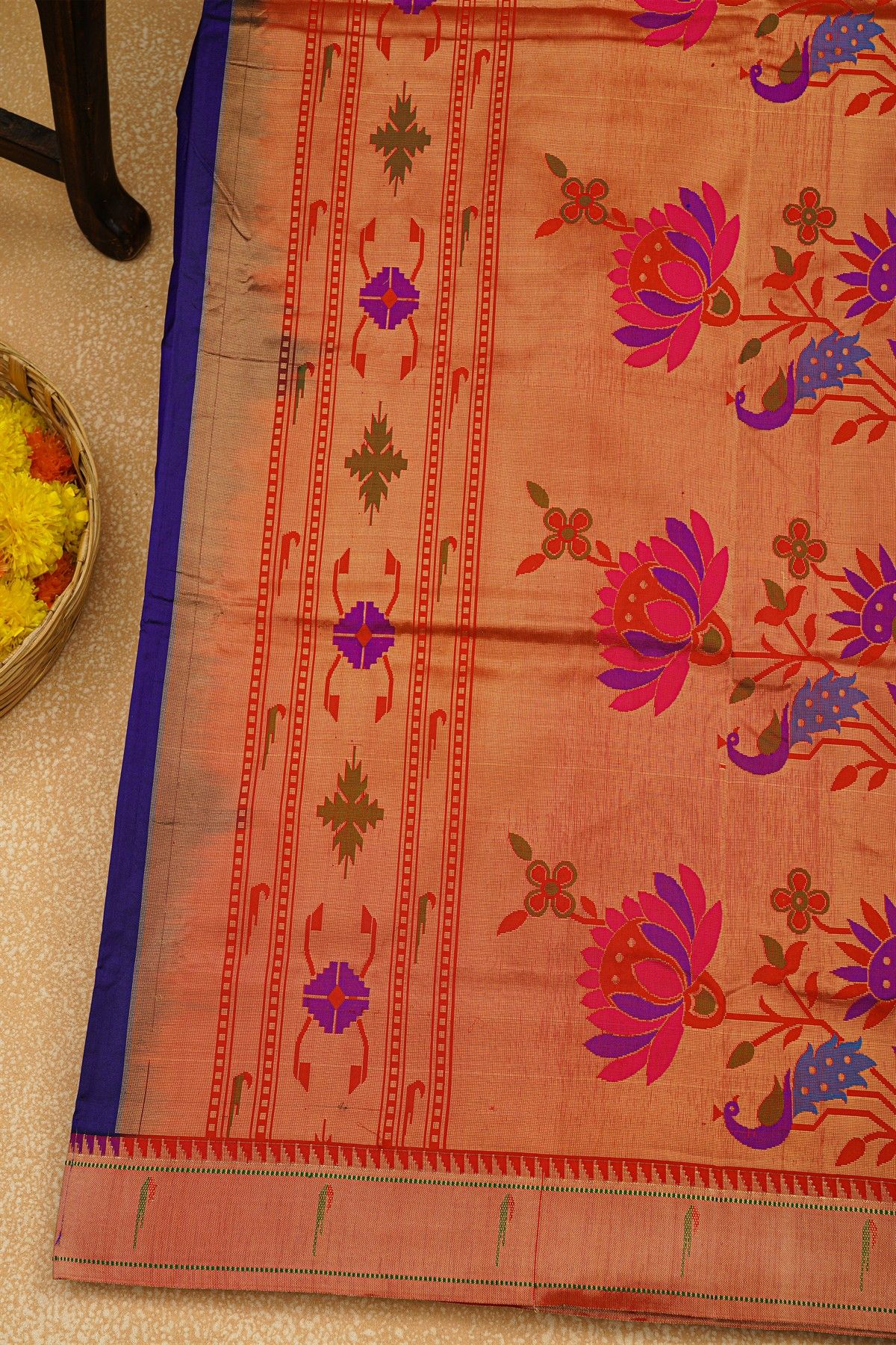 Paithani Silk Navy Blue Saree With Muniya Buttis Border