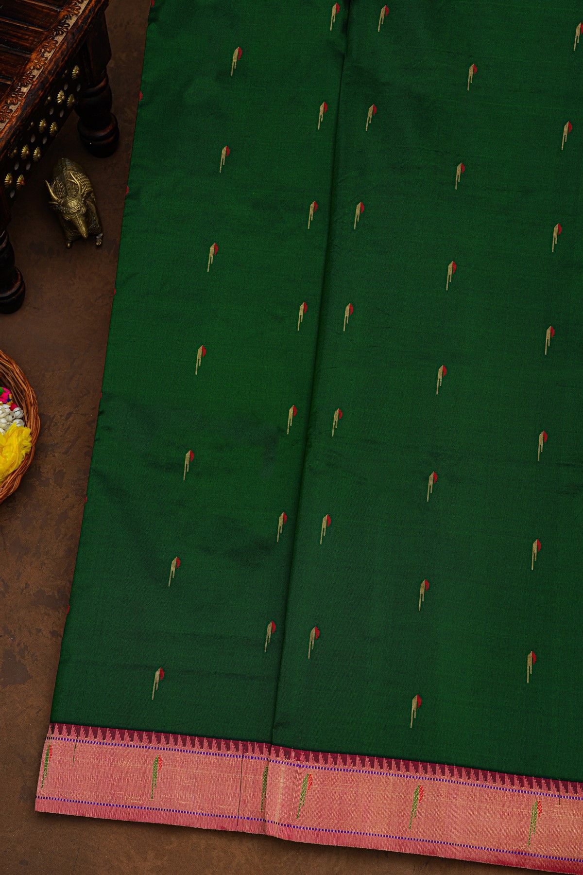 Paithani Silk Bottle Green Saree With Muniya Buttis Border