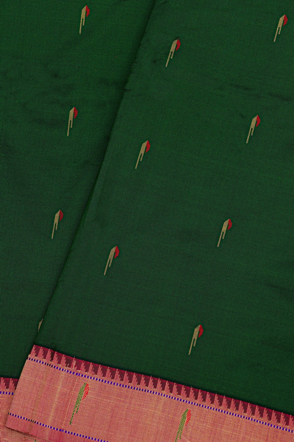 Paithani Silk Bottle Green Saree With Muniya Buttis Border