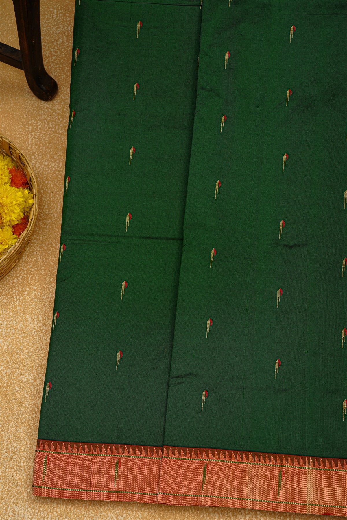 Paithani Silk Bottle Green Saree With Muniya Buttis Border