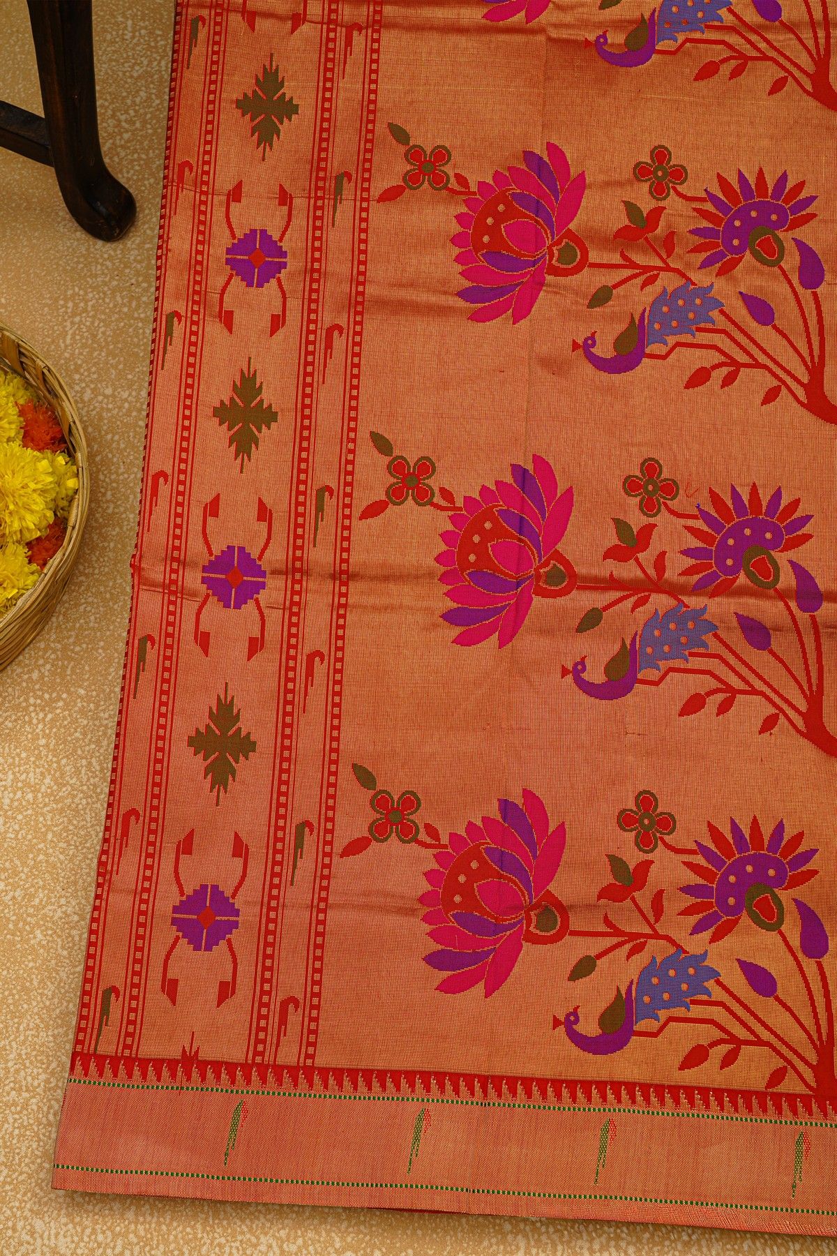 Paithani Silk Bottle Green Saree With Muniya Buttis Border