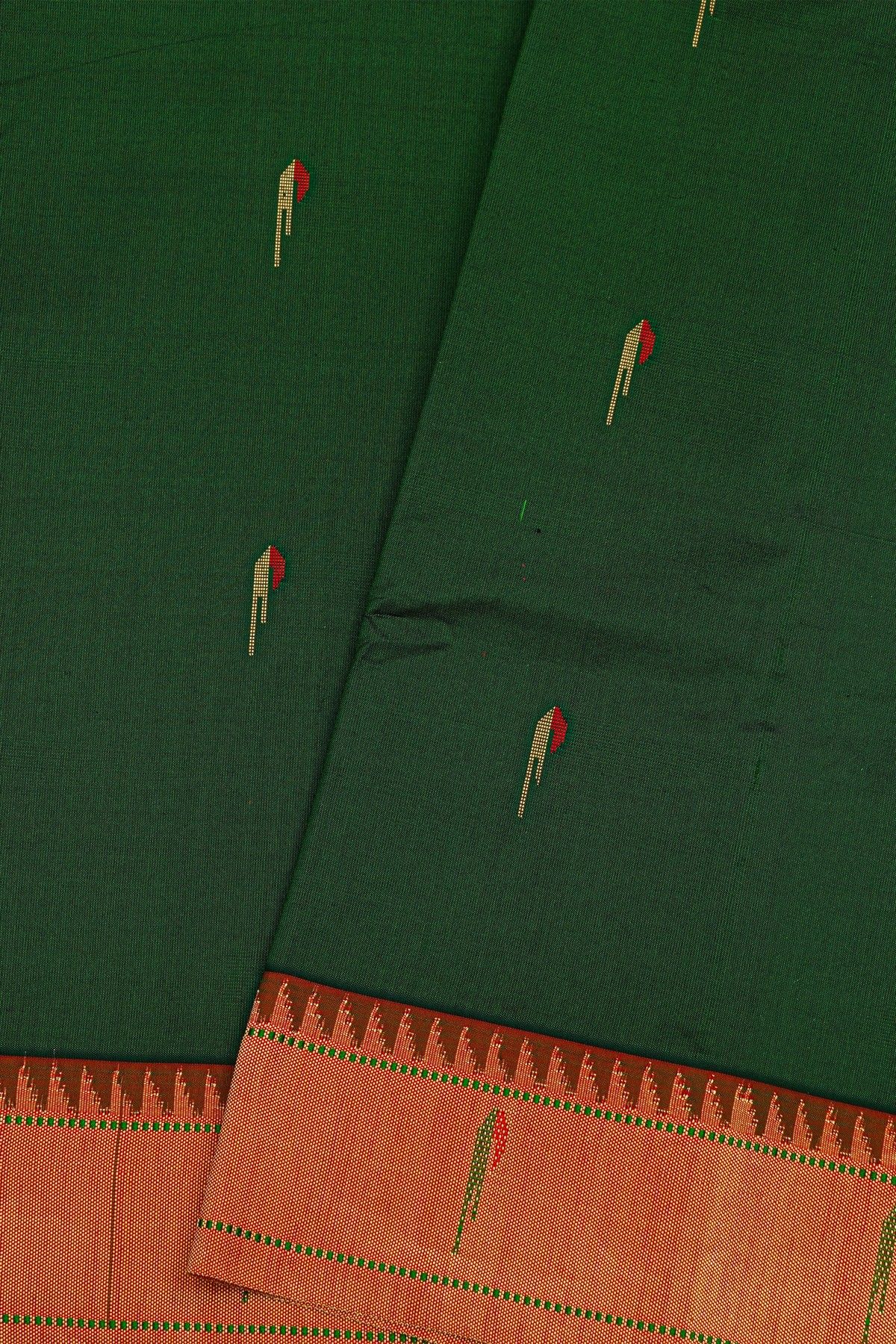 Paithani Silk Bottle Green Saree With Muniya Buttis Border