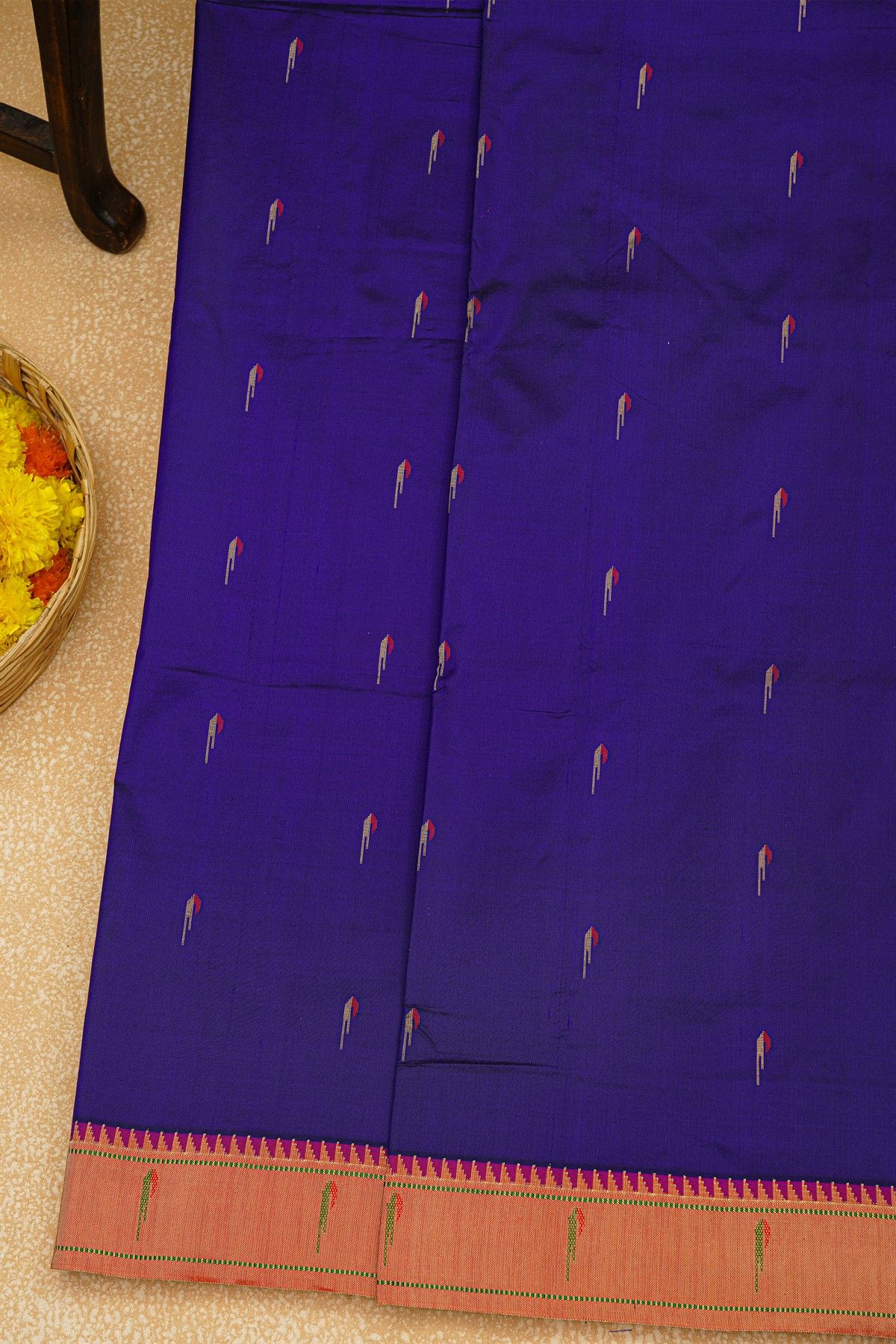 Paithani Silk Navy Blue Saree With Muniya Buttis Body
