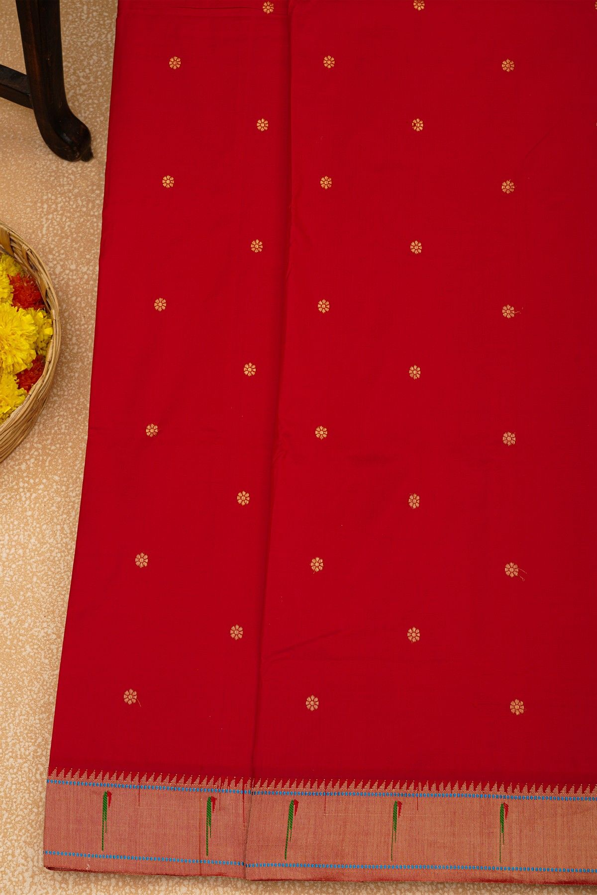 Paithani Silk Red Saree With Muniya Buttis Border