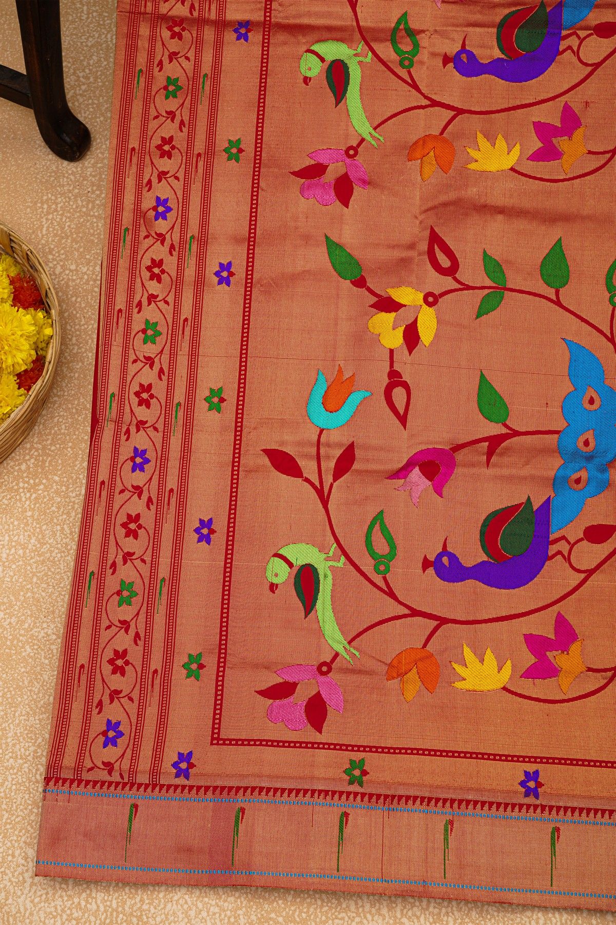Paithani Silk Red Saree With Muniya Buttis Border