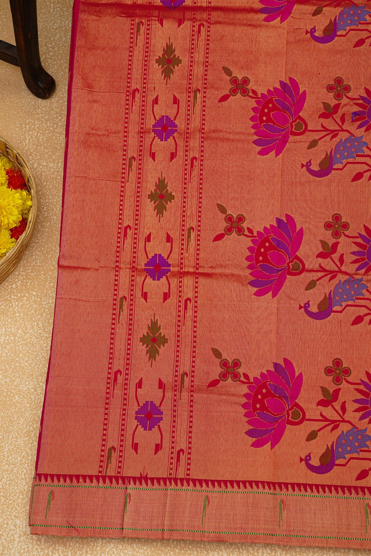 Paithani Silk Magenta Saree With Muniya Buttis Body