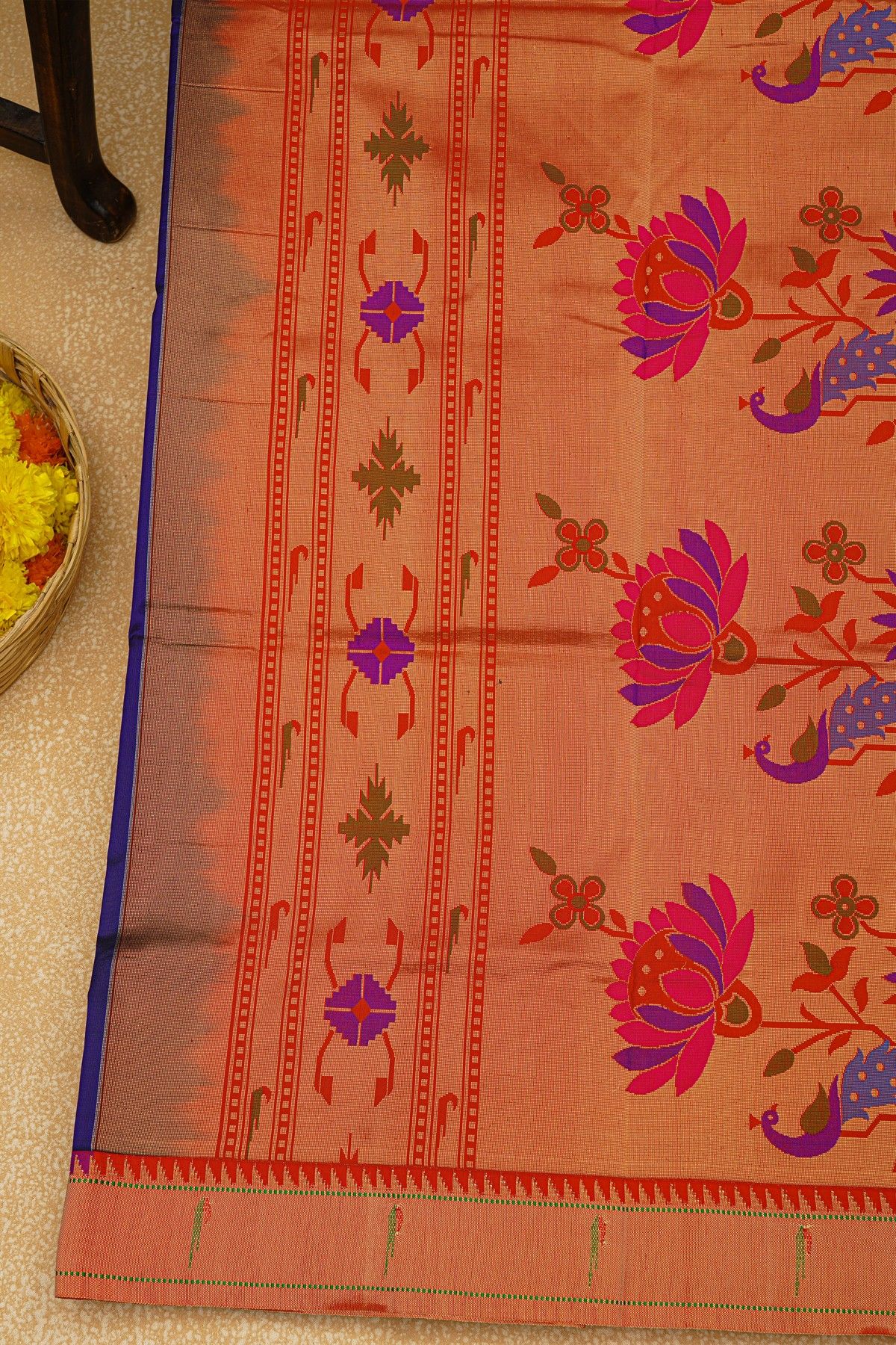 Paithani Silk Royal Blue Saree With Muniya Buttis Border