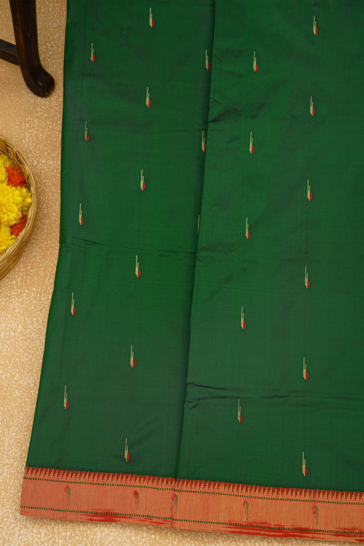 Paithani Silk Bottle Green Saree With Muniya Buttis Border