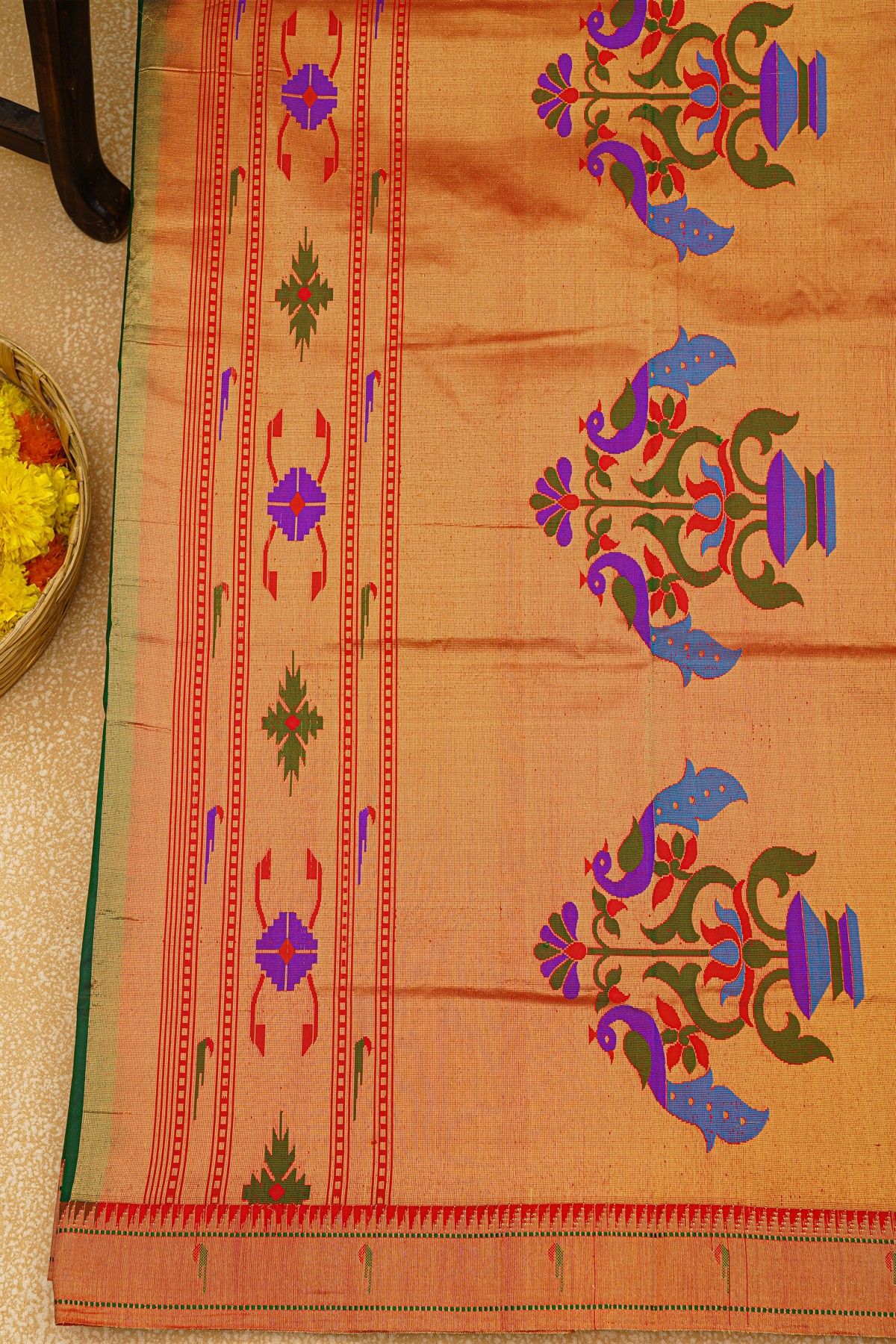 Paithani Silk Bottle Green Saree With Muniya Buttis Border