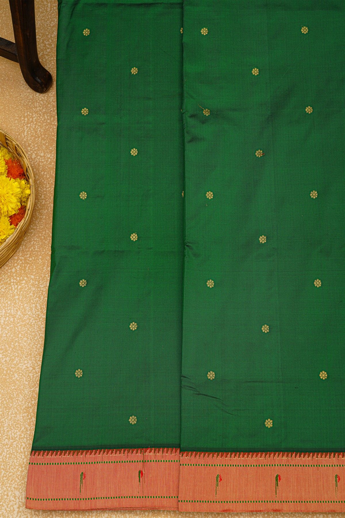 Paithani Silk Bottle Green Saree With Muniya Buttis Border