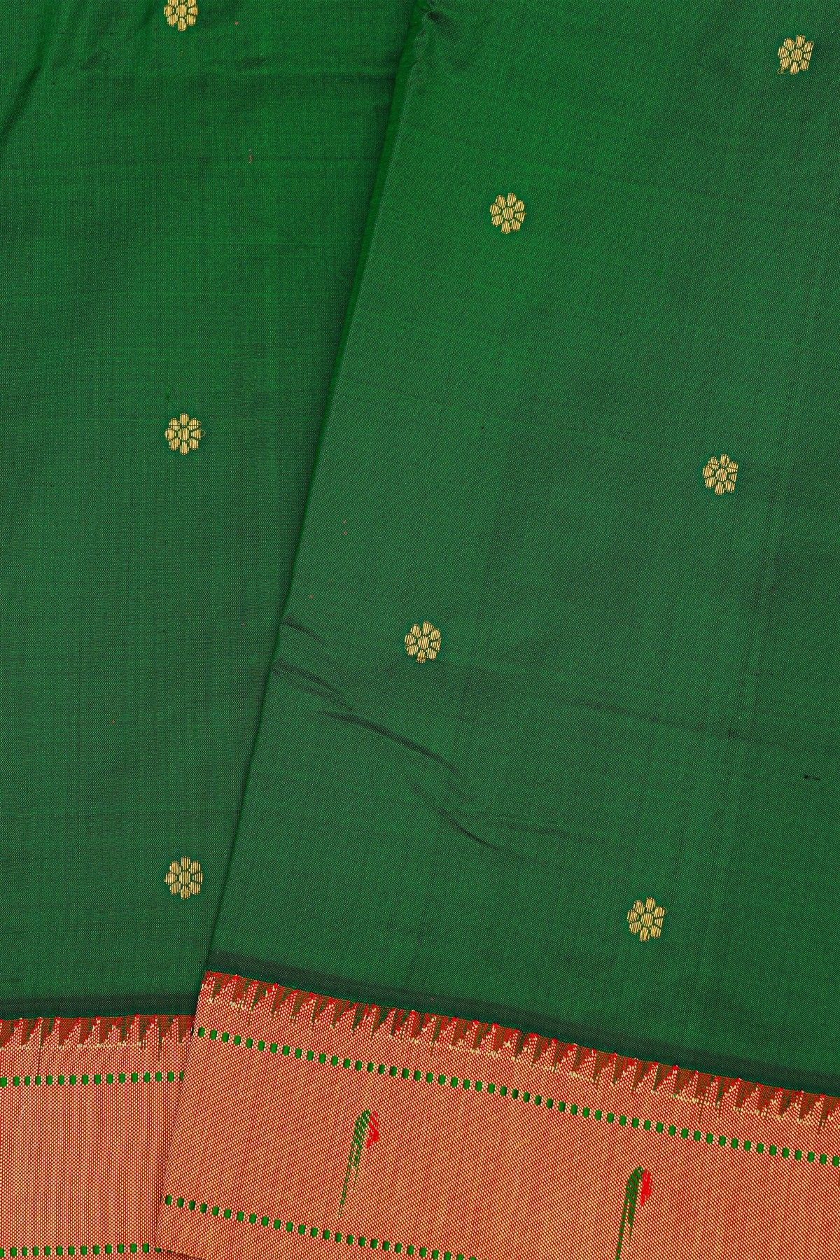 Paithani Silk Bottle Green Saree With Muniya Buttis Border