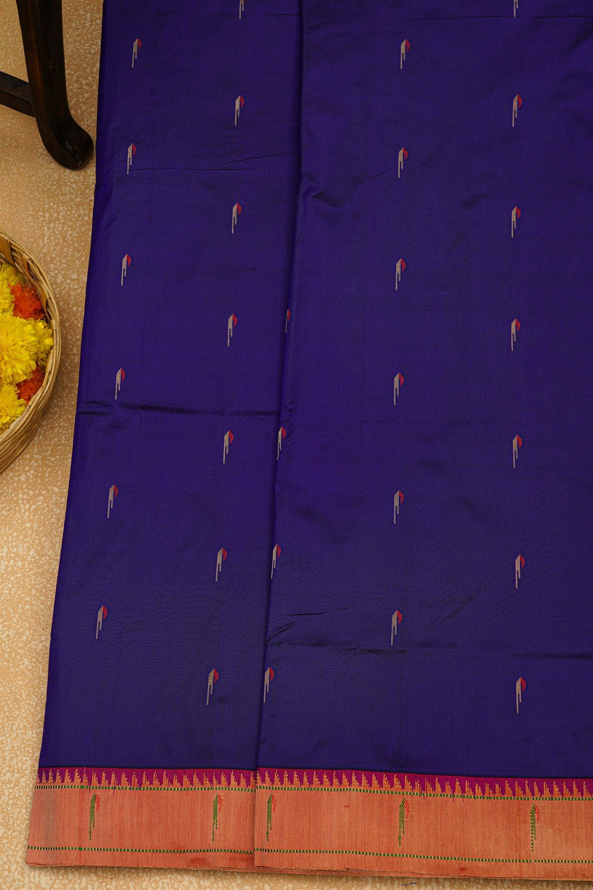 Paithani Silk Navy Blue Saree With Muniya Buttis Body