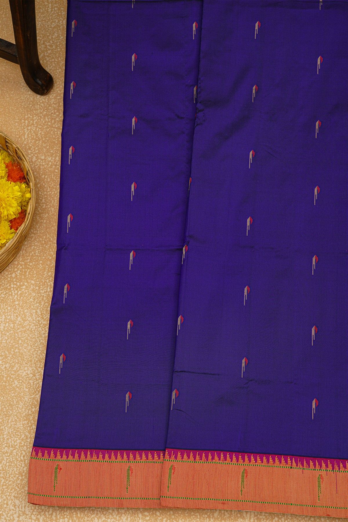 Paithani Silk Navy Blue Saree With Muniya Buttis Body