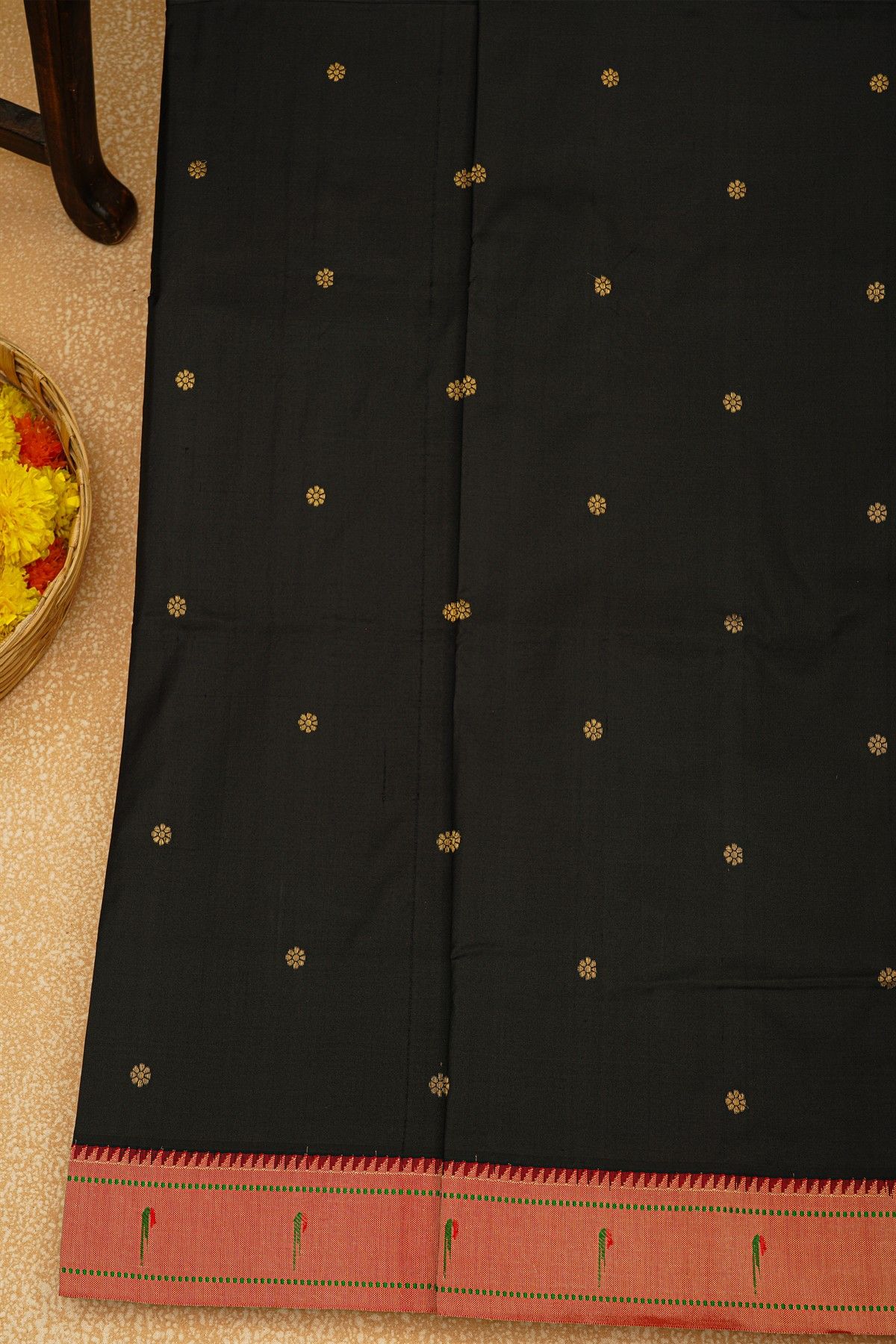 Paithani Silk Black Saree With Muniya Buttis Border