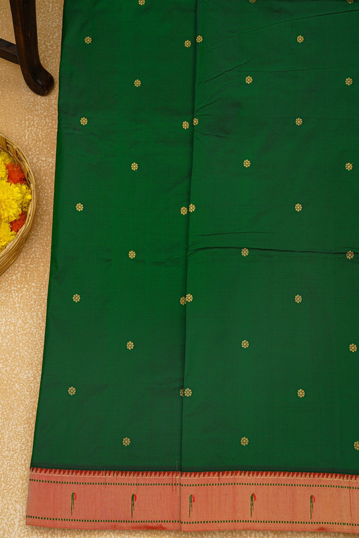 Paithani Silk Bottle Green Saree With Muniya Buttis Border