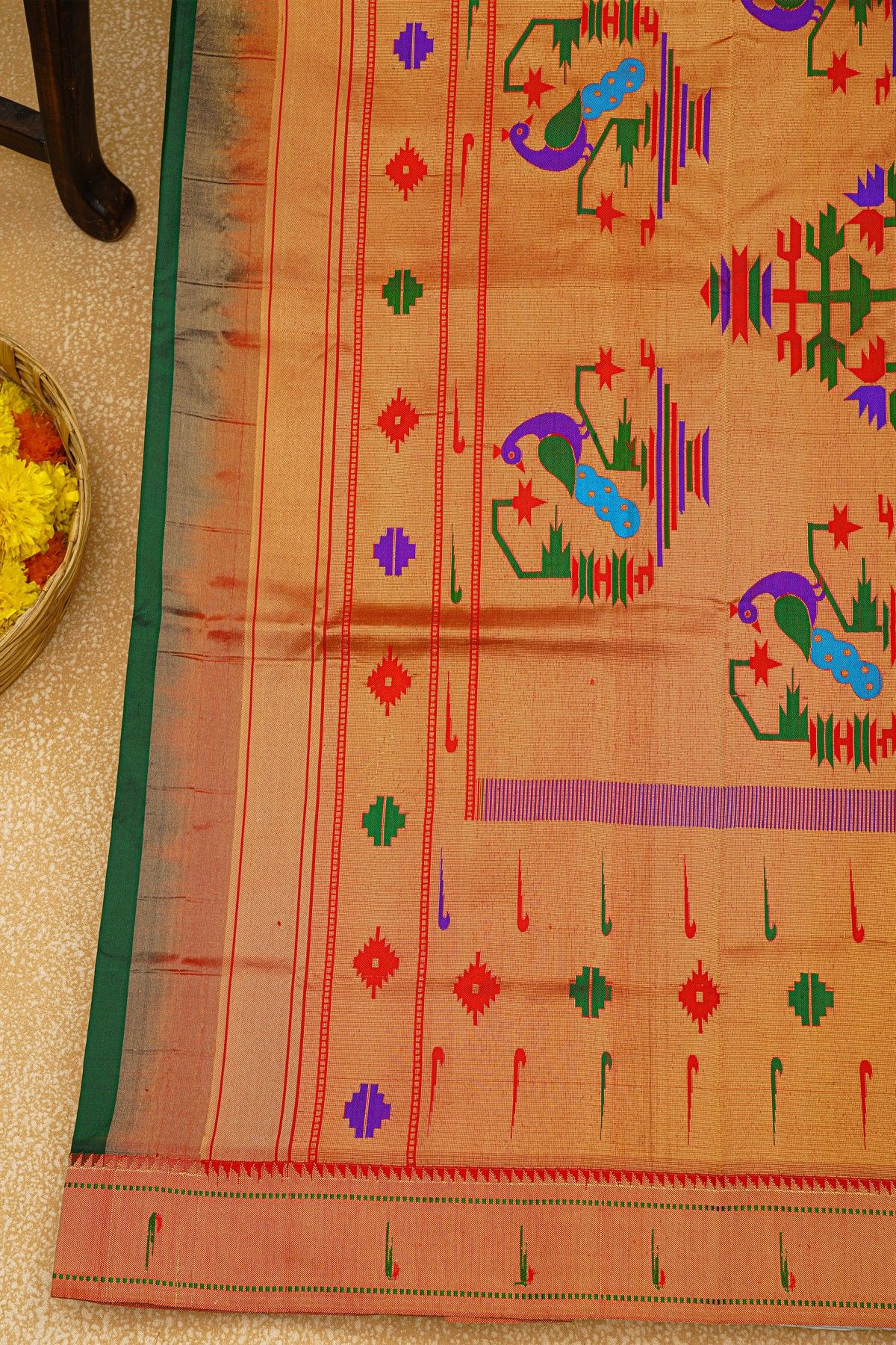Paithani Silk Bottle Green Saree With Muniya Buttis Border