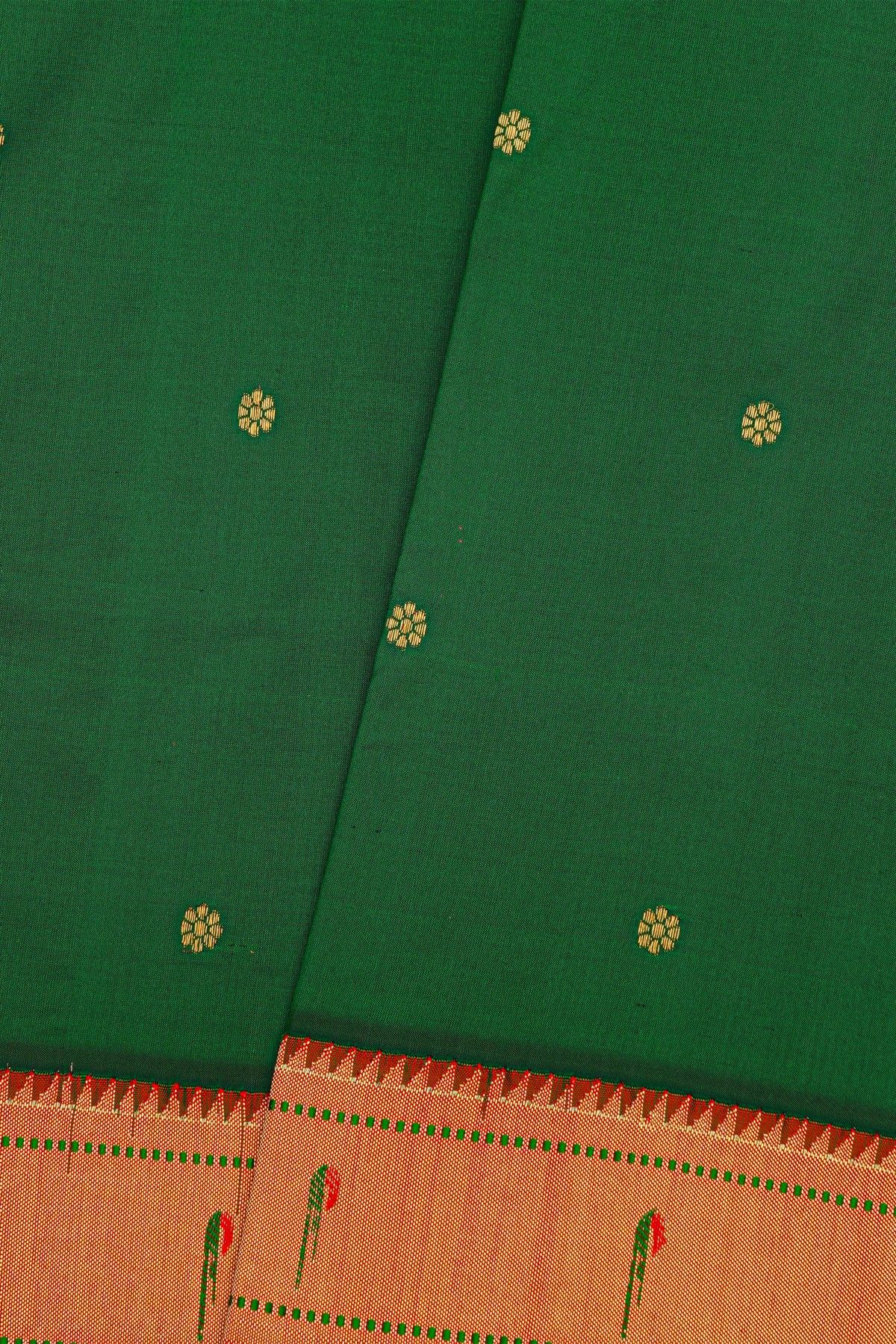 Paithani Silk Bottle Green Saree With Muniya Buttis Border