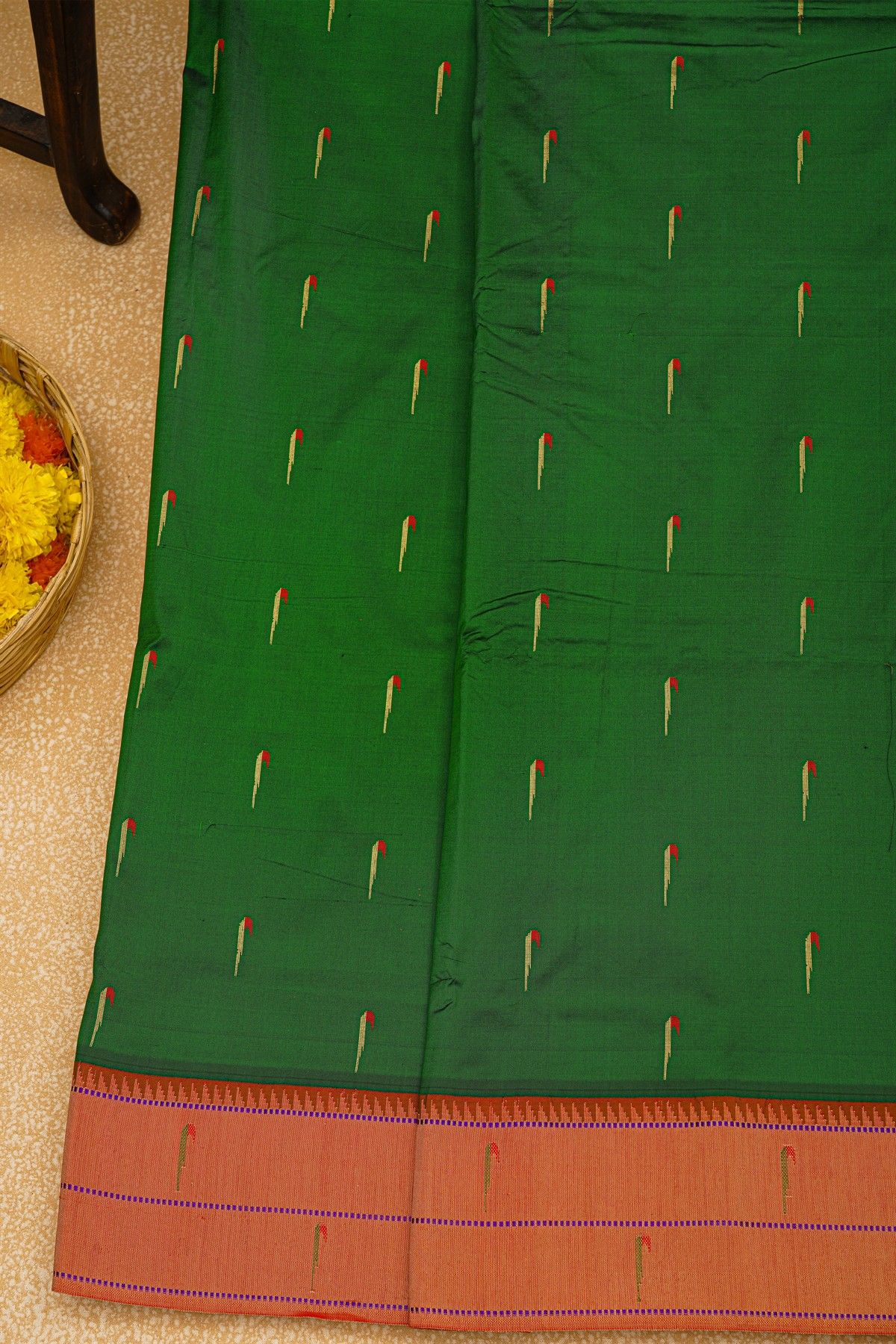 Paithani Silk Bottle Green Saree With Muniya Buttis Body