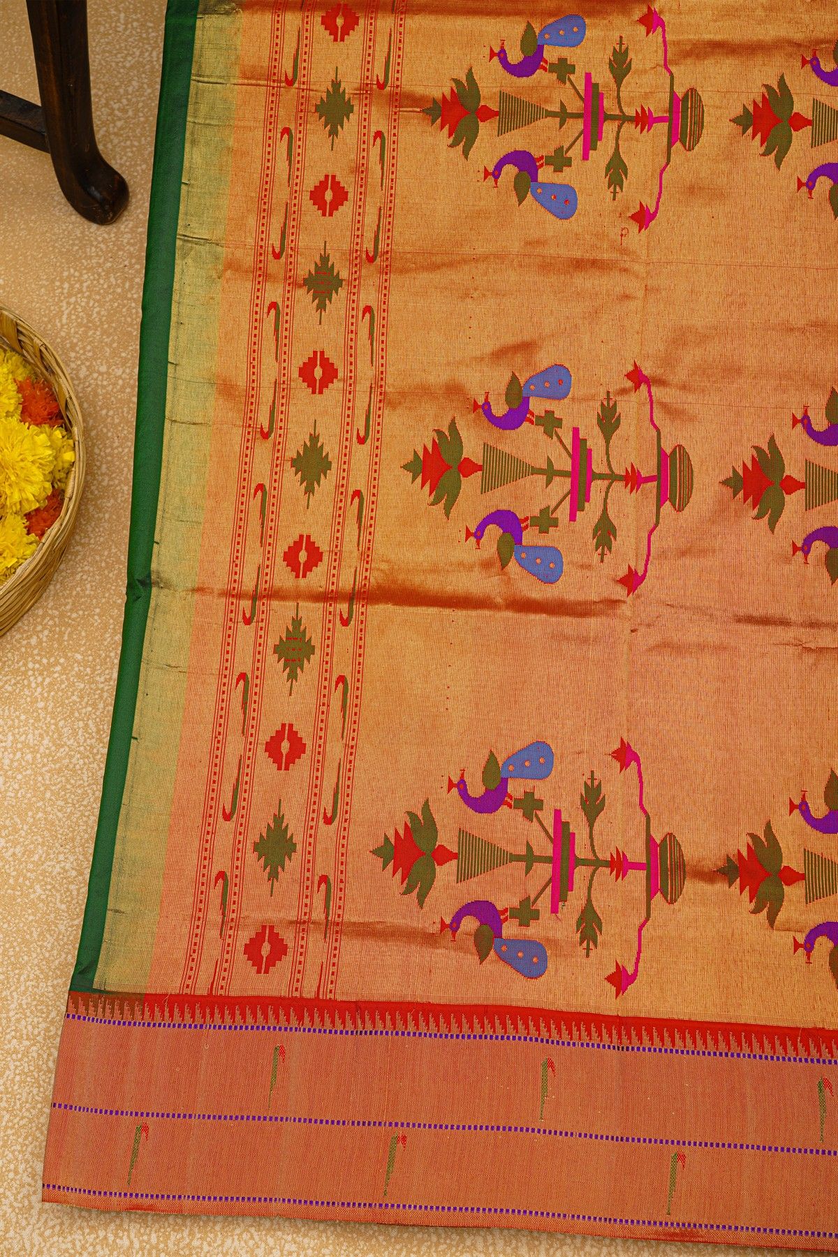 Paithani Silk Bottle Green Saree With Muniya Buttis Body