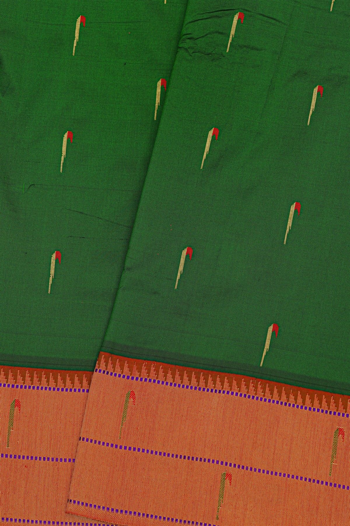 Paithani Silk Bottle Green Saree With Muniya Buttis Body