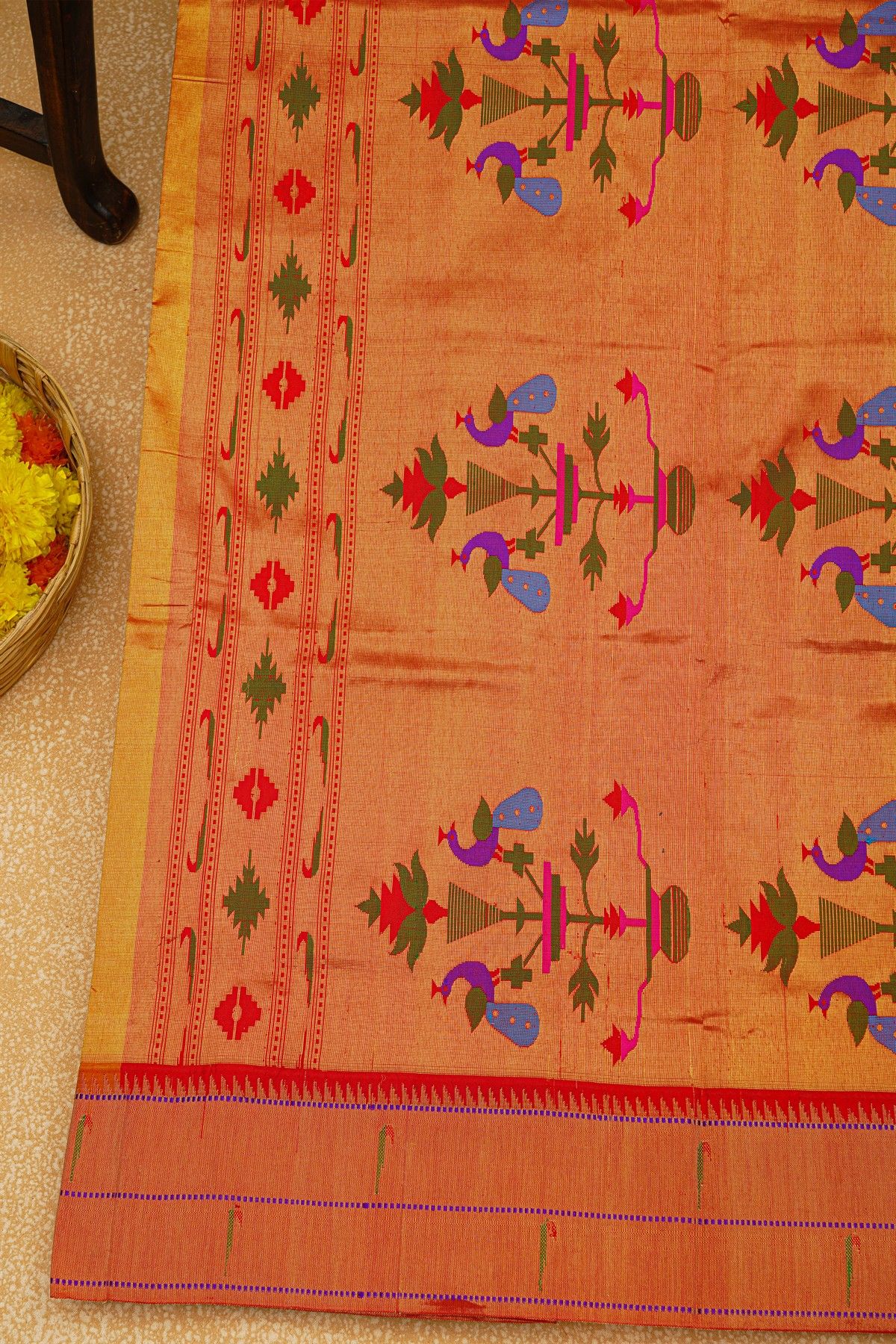 Paithani Silk Mustard Saree With Muniya Buttis Body
