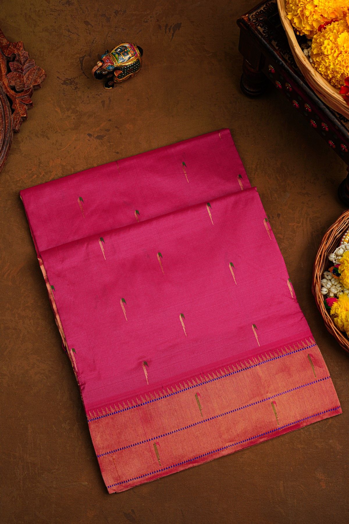 Paithani Silk Pink Saree With All Over Muniya Buttis Body And Double Muniyas Border