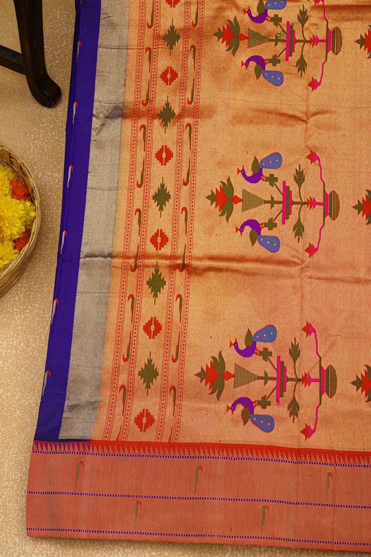 Paithani Silk Royal Blue Saree With Muniya Buttis Body