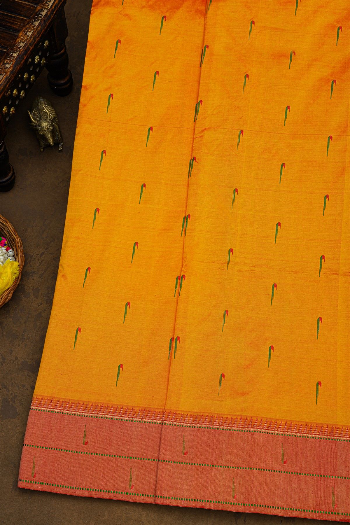 Paithani Silk Mustard Saree With All Over Muniya Buttis Body And Double Muniyas Border