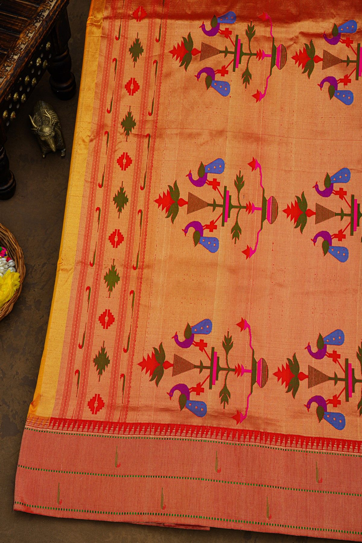 Paithani Silk Mustard Saree With All Over Muniya Buttis Body And Double Muniyas Border