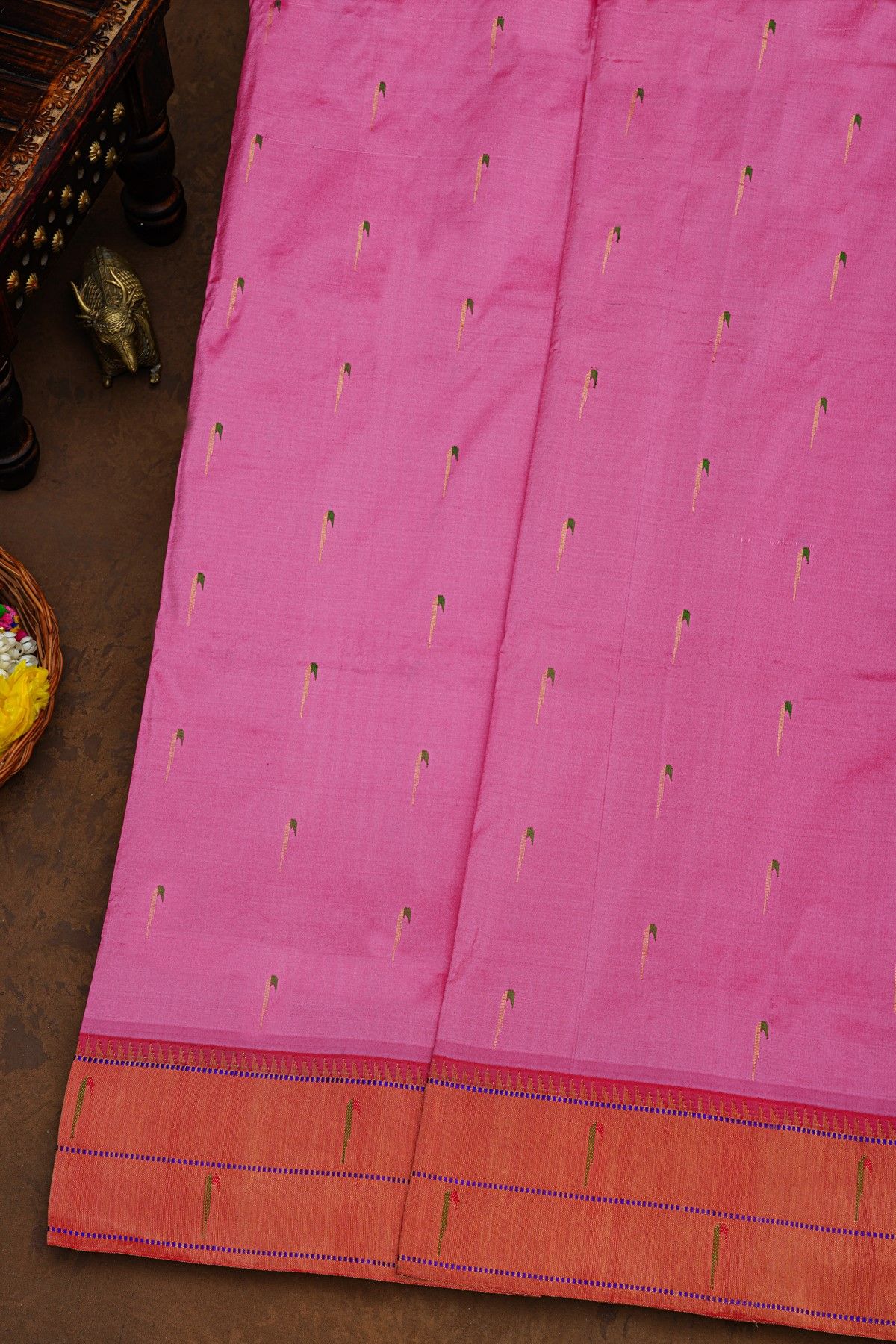 Paithani Silk Pink Saree With All Over Muniya Buttis Body And Double Muniyas Border