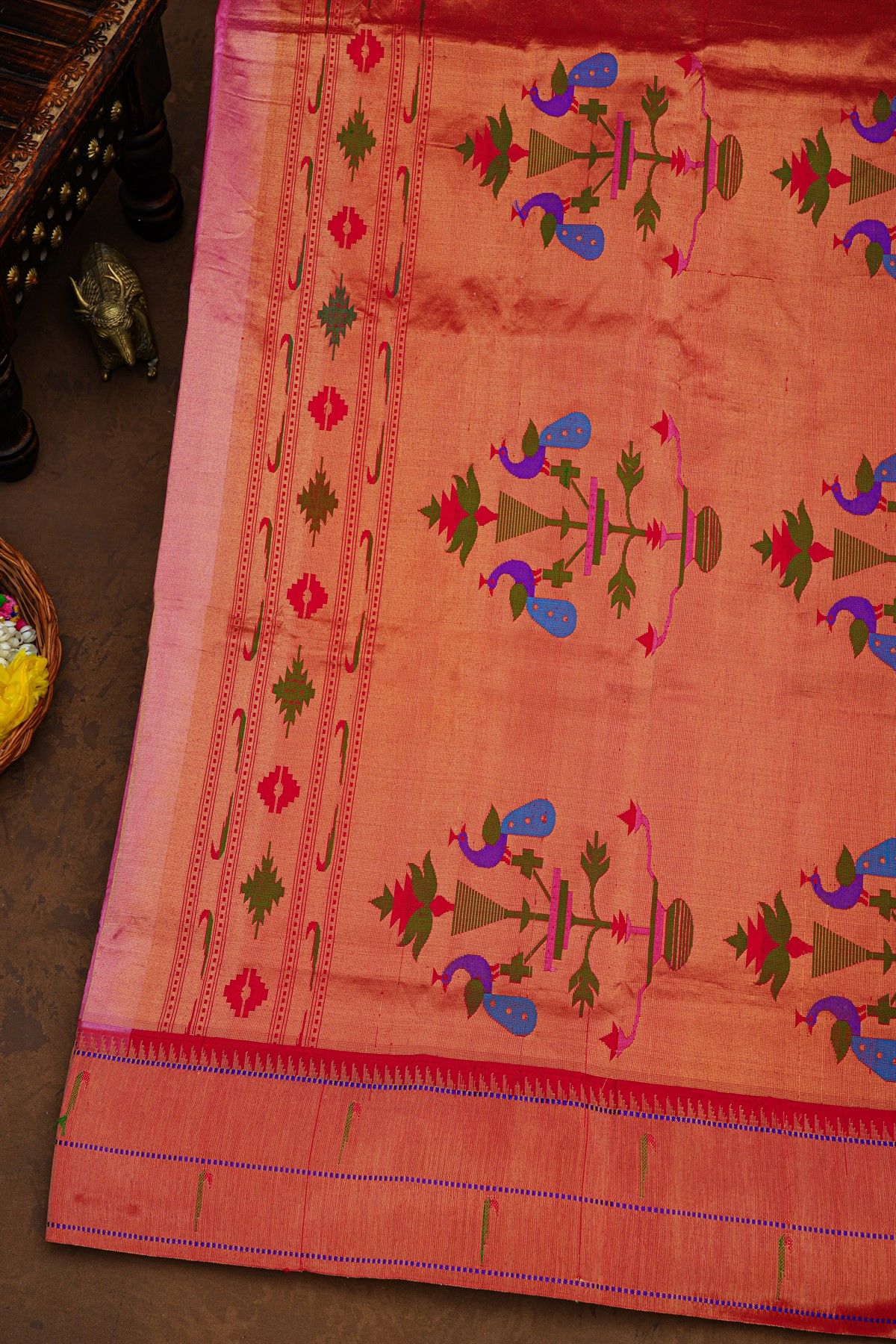 Paithani Silk Pink Saree With All Over Muniya Buttis Body And Double Muniyas Border
