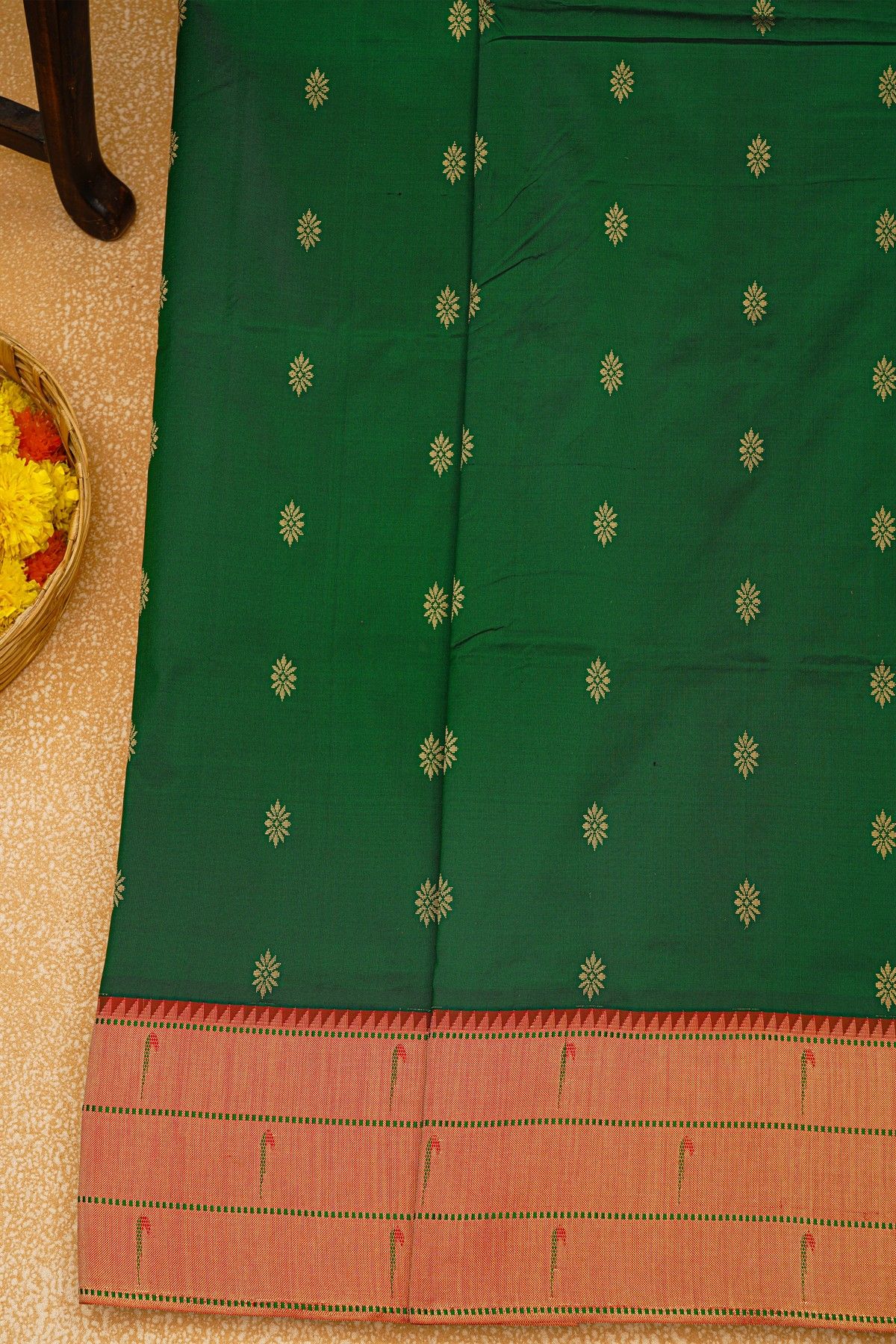 Paithani Silk Bottle Green Saree With Muniya Buttis Border