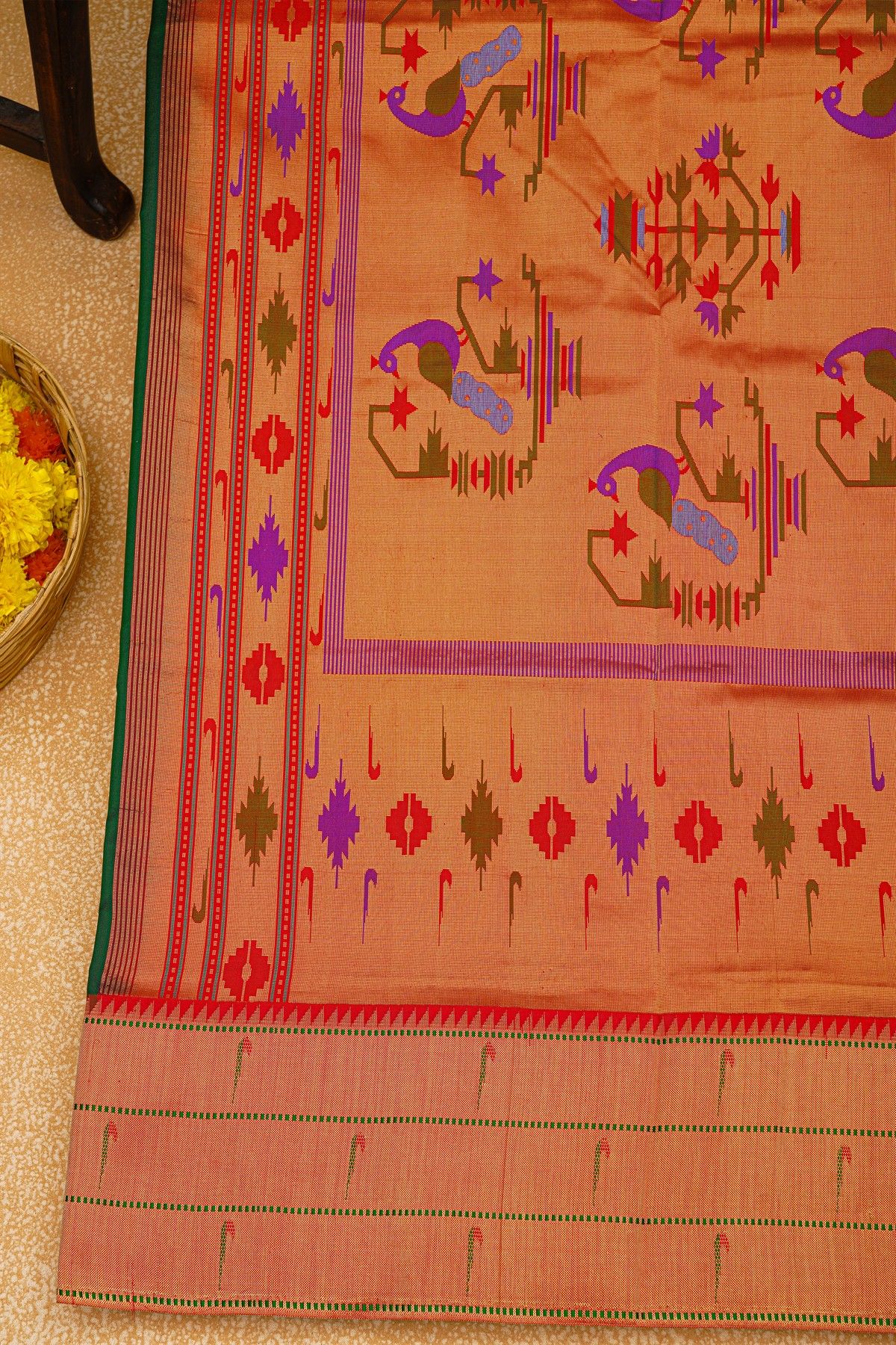 Paithani Silk Bottle Green Saree With Muniya Buttis Border