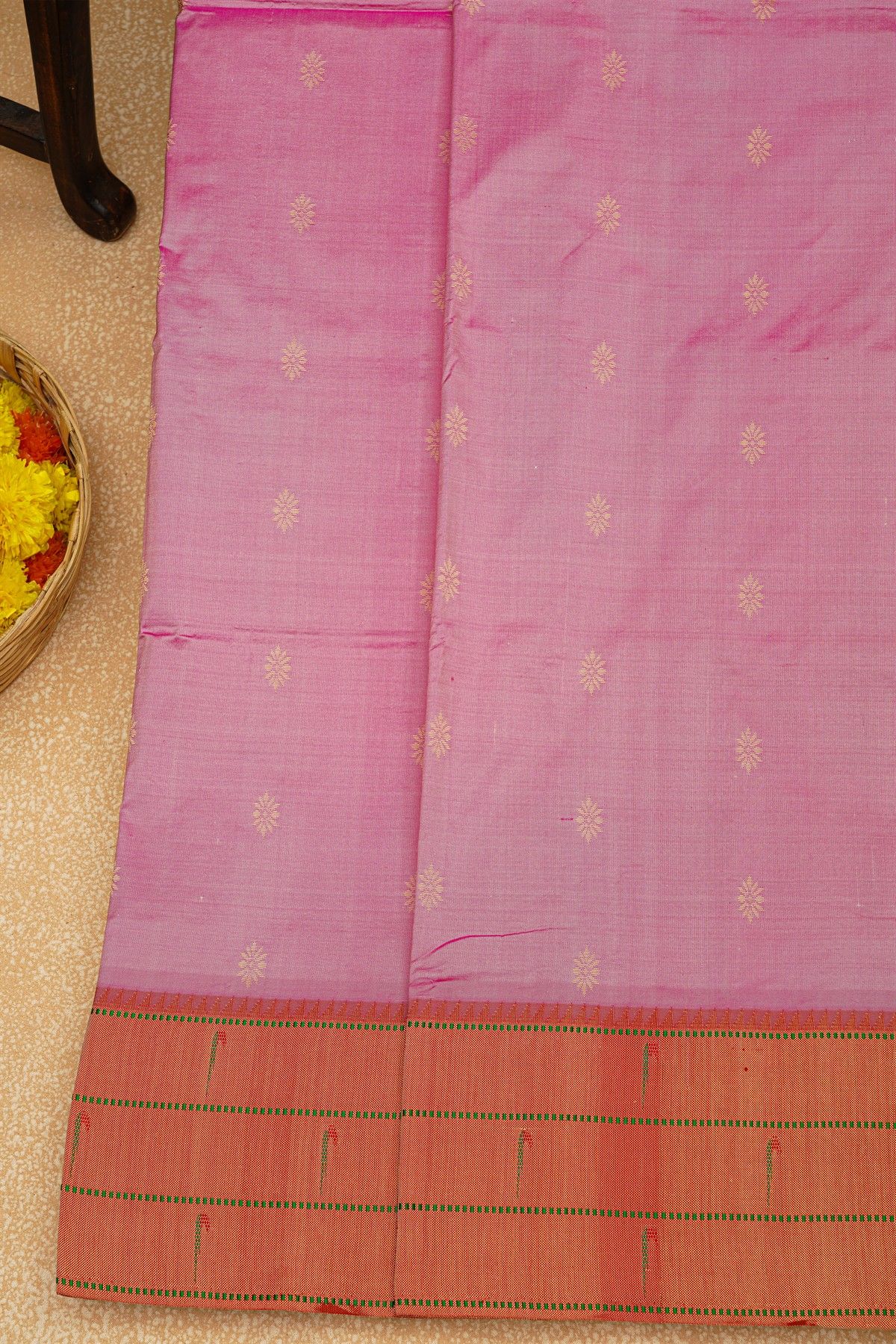 Paithani Silk Baby Pink Saree With Muniya Buttis Border