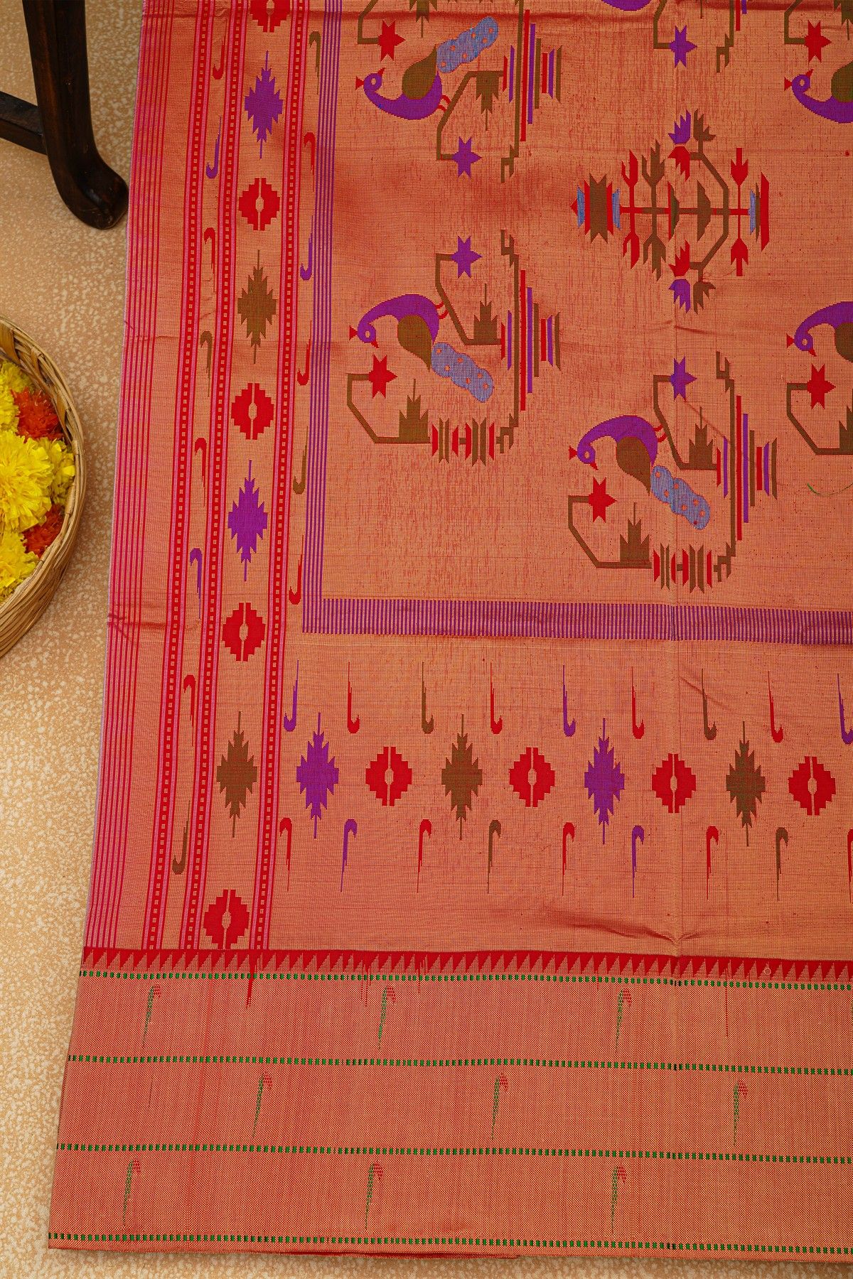 Paithani Silk Baby Pink Saree With Muniya Buttis Border