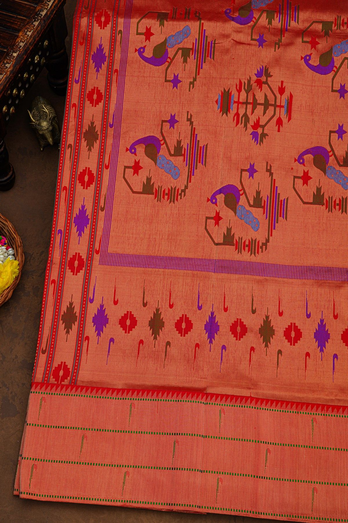 Paithani Silk Bottle Green Saree With Triple Muniyas Border
