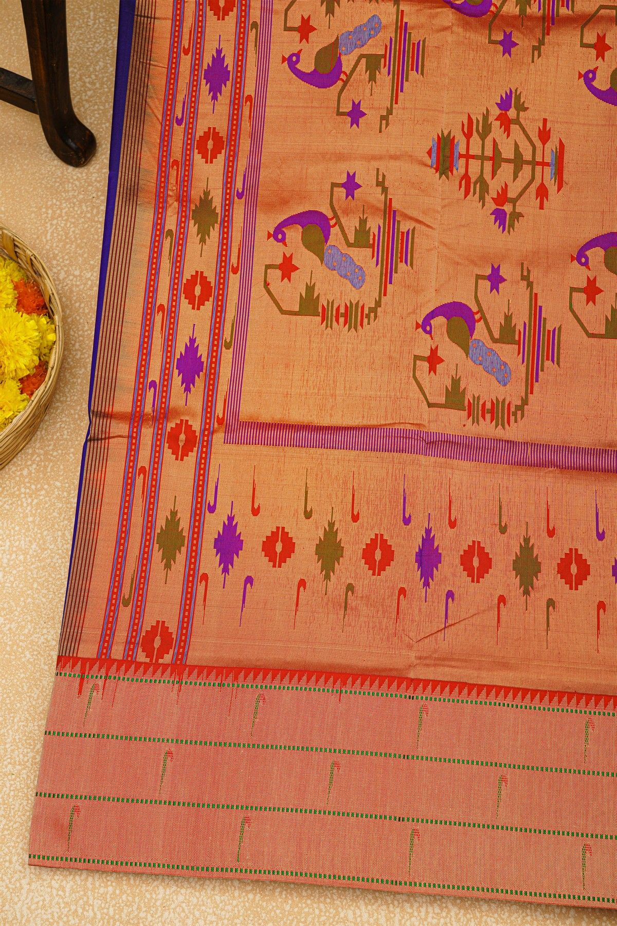 Paithani Silk Royal Blue Saree With Muniya Buttis Border