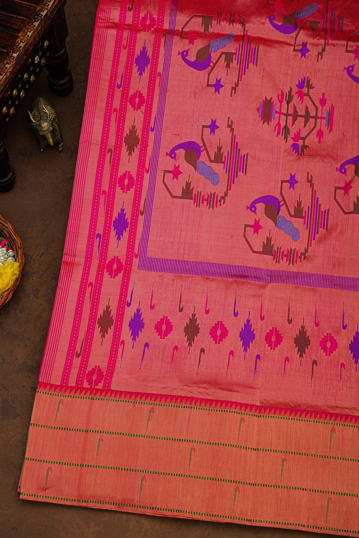 Paithani Silk Pink Saree With Triple Muniya Border