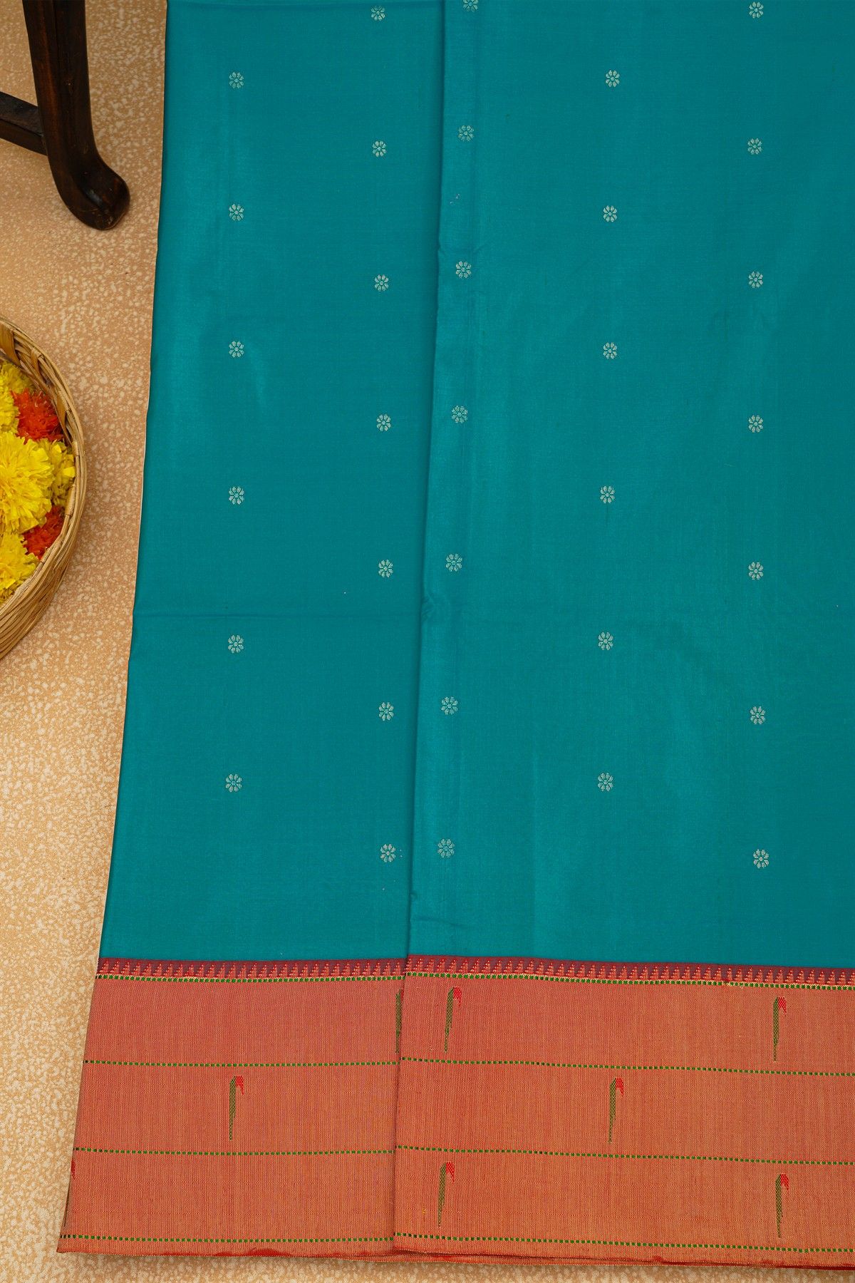 Paithani Silk Sea Blue Saree With Muniya Buttis Border
