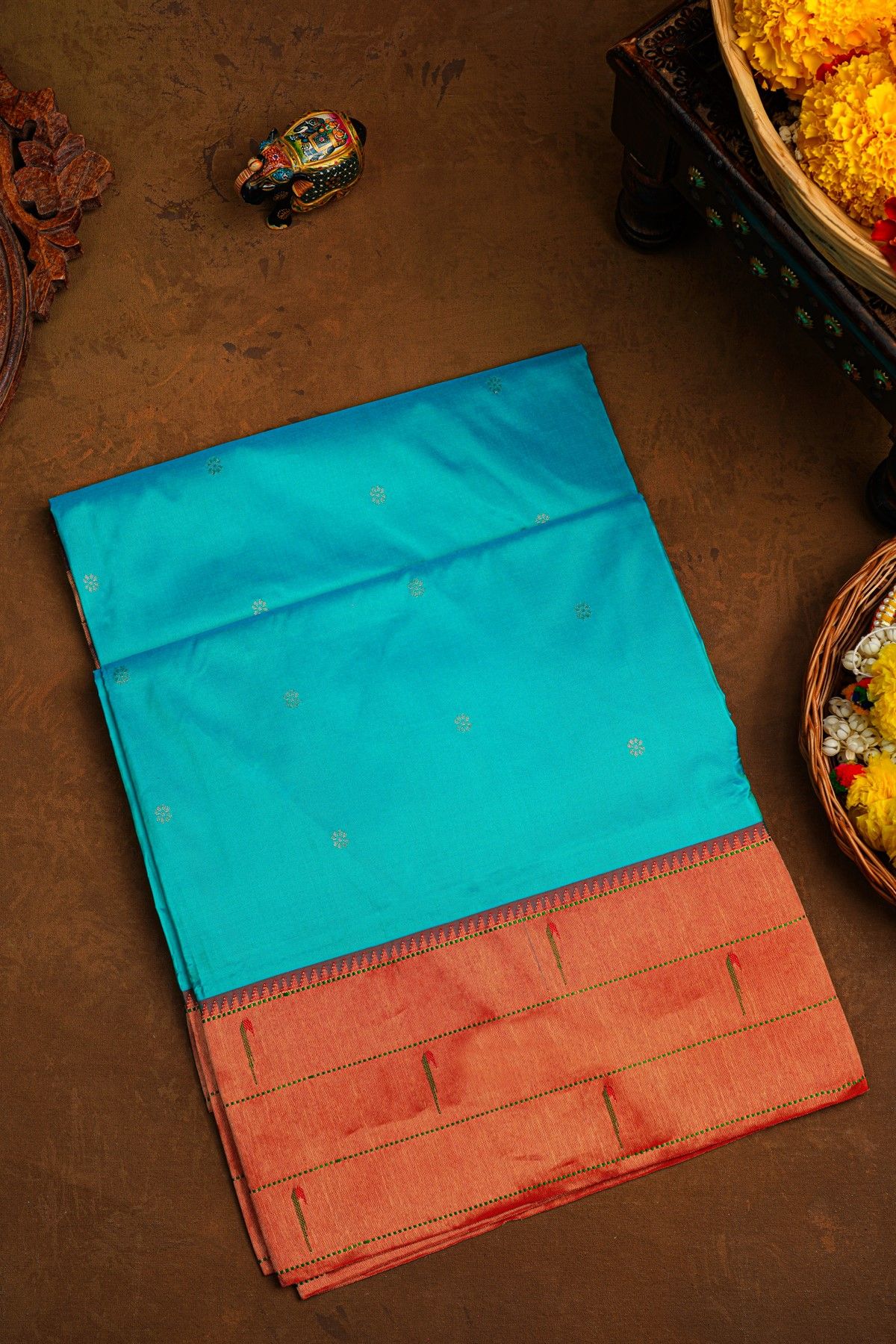 Paithani Silk Sea Blue Saree With Muniya Buttis Border