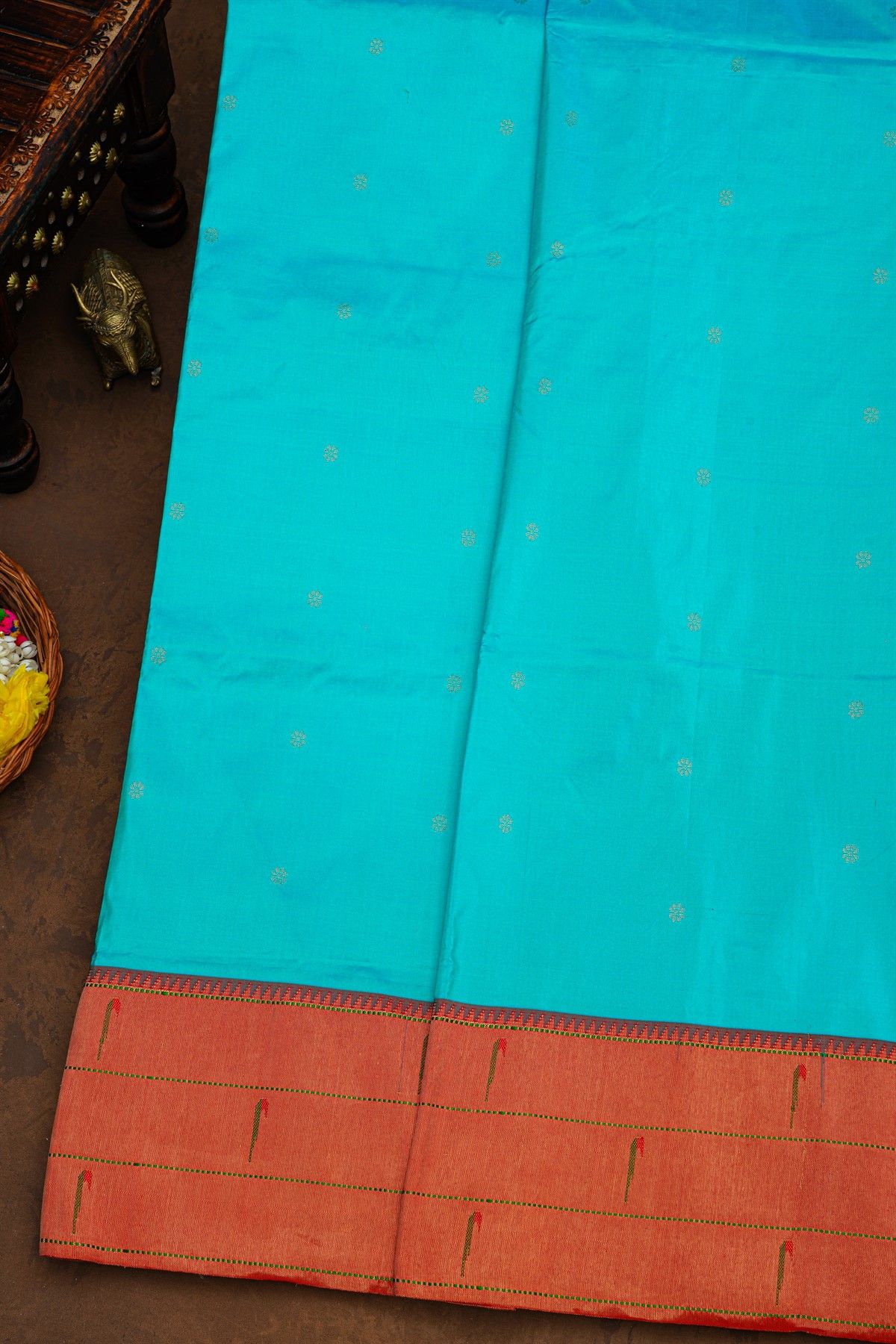 Paithani Silk Sea Blue Saree With Muniya Buttis Border