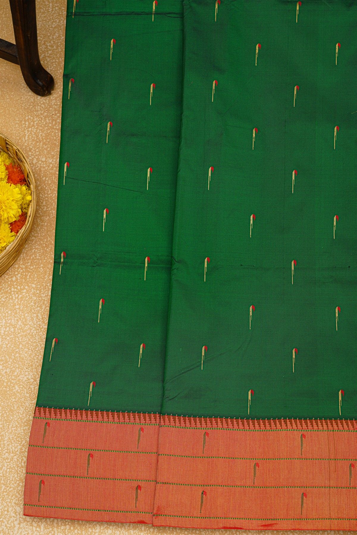 Paithani Silk Bottle Green Saree With Muniya Buttis Body