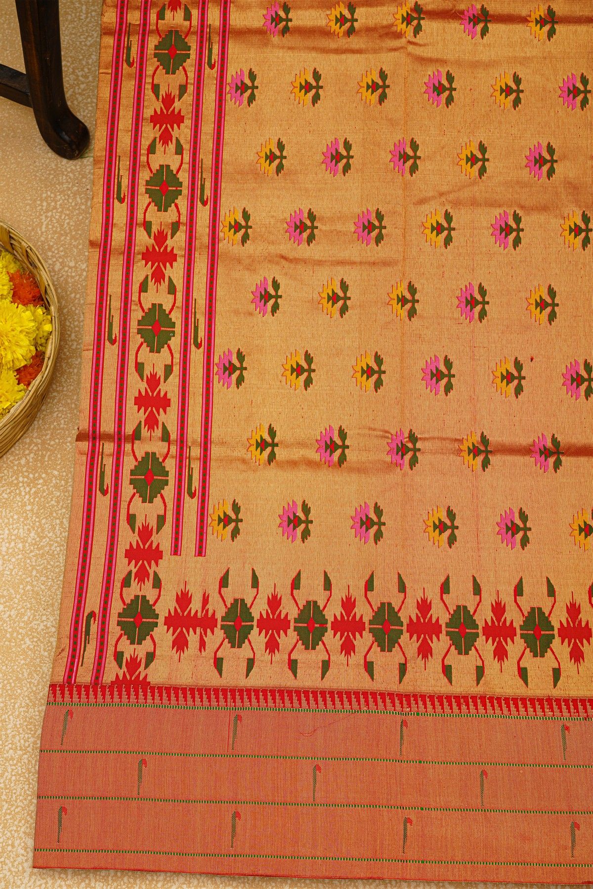 Paithani Silk Bottle Green Saree With Muniya Buttis Body